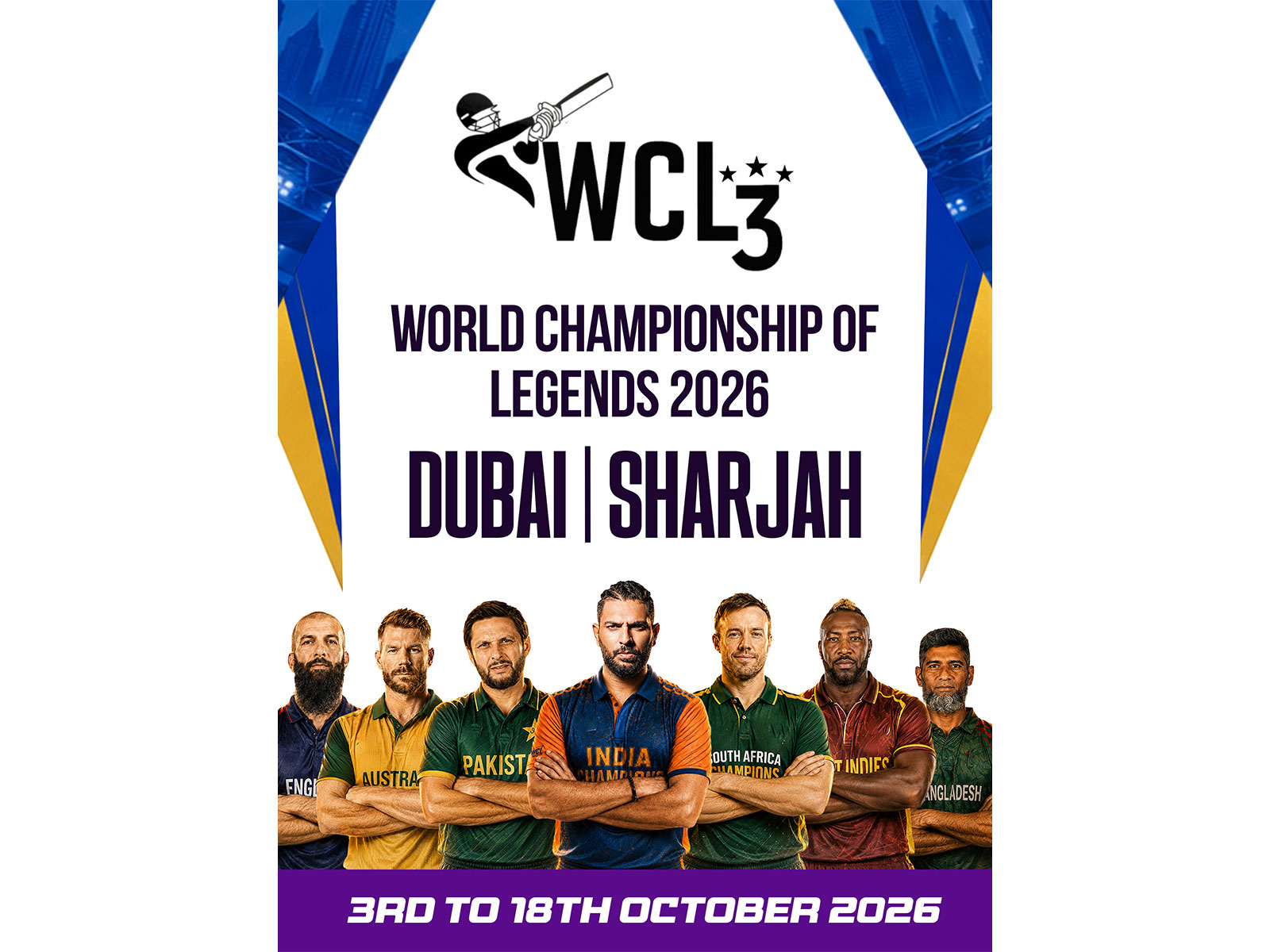 Chris Gayle, AB de Villiers, Yuvraj Singh among stars set for WCL season three (Photo: WCL)