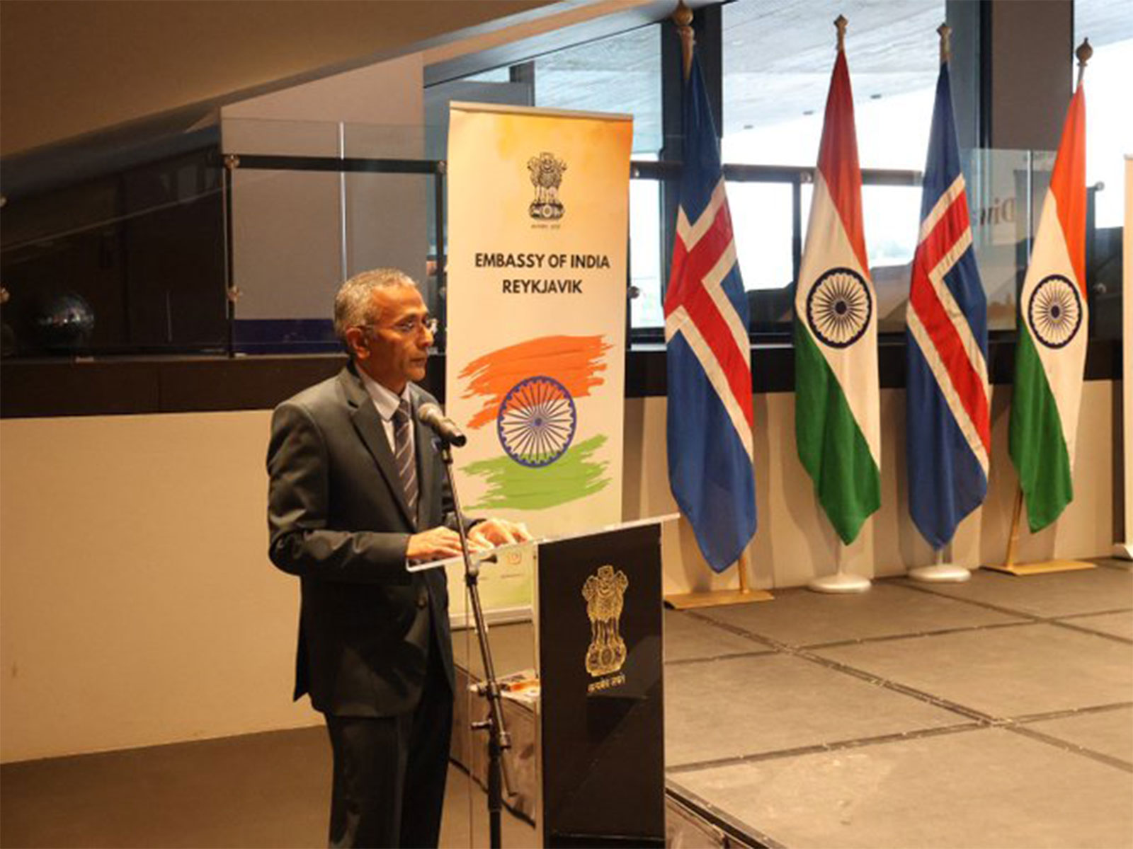 Indian Ambassador to Iceland R Ravindra addressing the Uttar Pradesh Diwas celebration at the Embassy of India in Reykjavik. (Photo: X/@indembiceland)