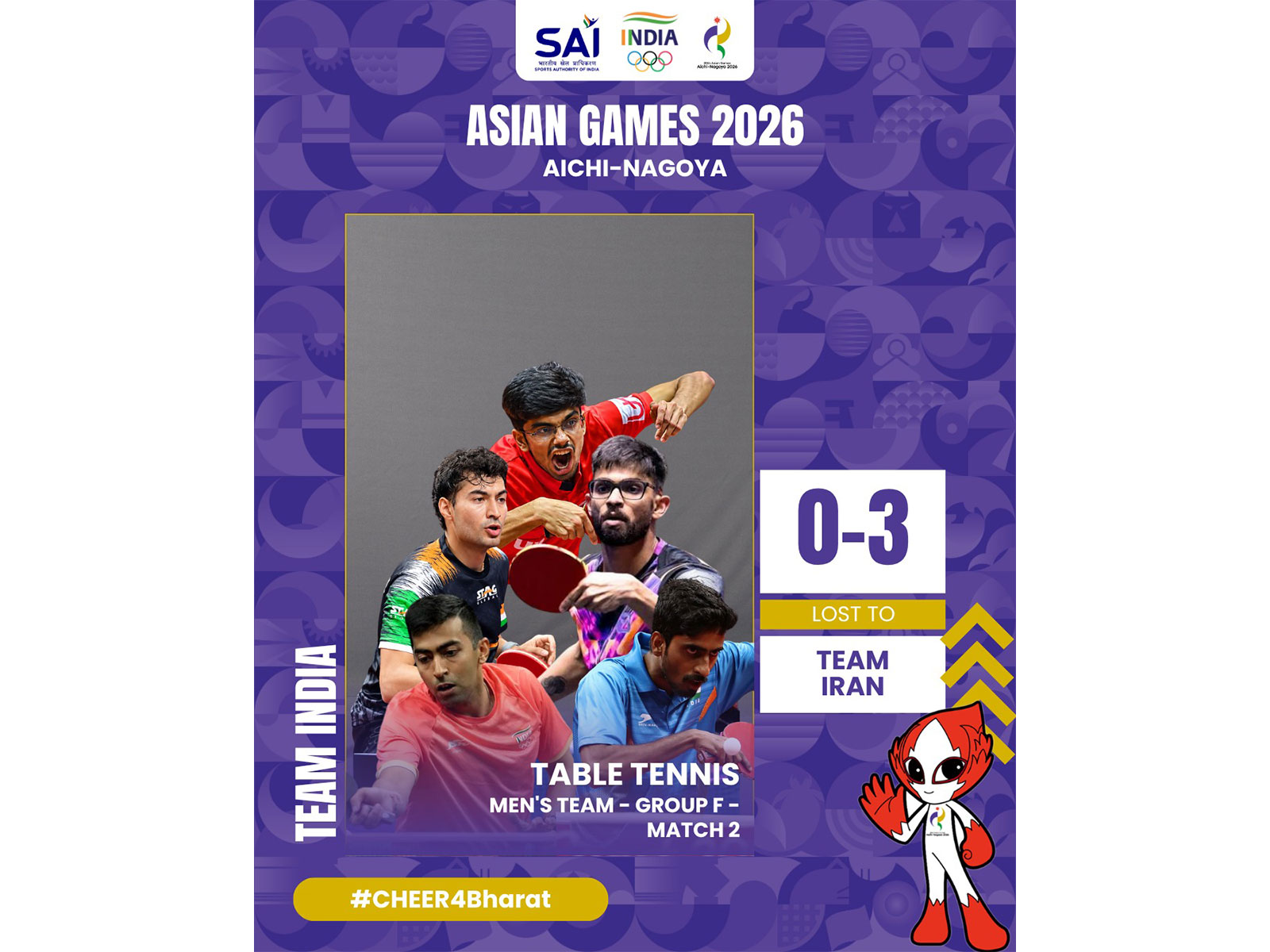 India men's table tennis team lost to Iran 0-3. (Photo: X/ @Media_SAI)