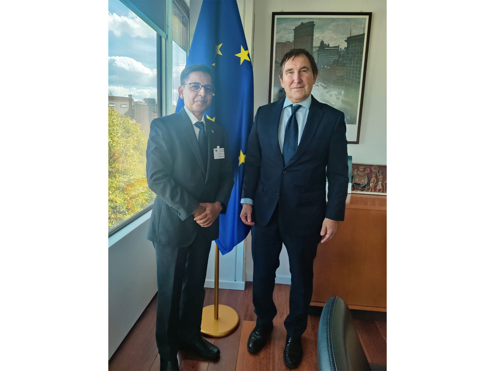 Indian Ambassador to Belgium and the EU Pranay Verma meets European Parliament Director-General for External Policies Pietro Ducci in Brussels. (Photo: X/@IndEmbassyBru)