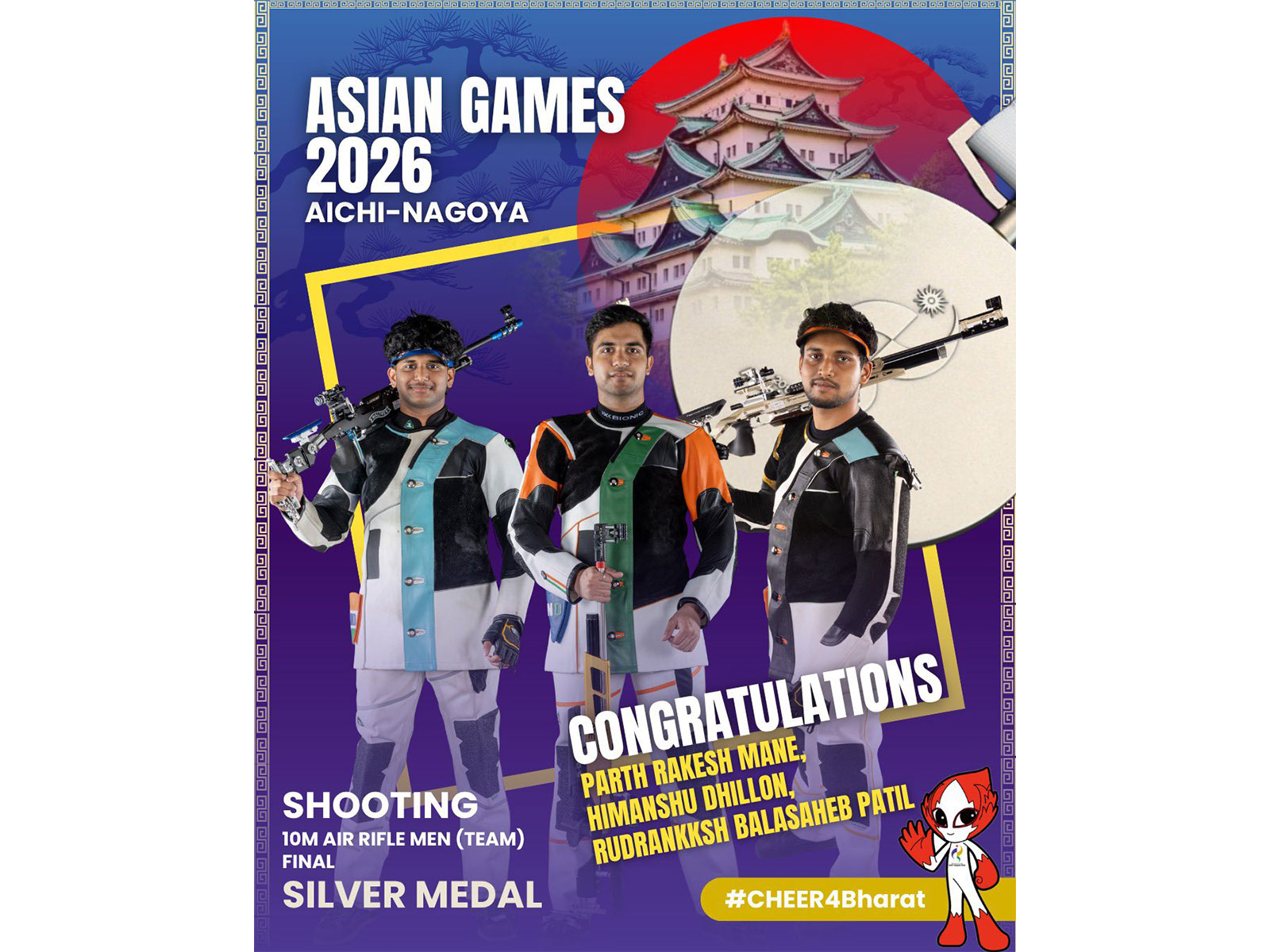 Indian shooters Parth, Himanshu and Rudrankksh. (Photo: @mansukhmandviya X)