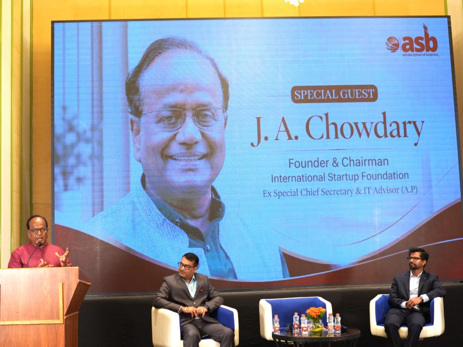 Dr. J. A. Chowdary, Founder & Chairman, International Startup Foundation, addresses the gathering at the Ashoka School of Business Industry Leadership Summit 2026 in Hyderabad