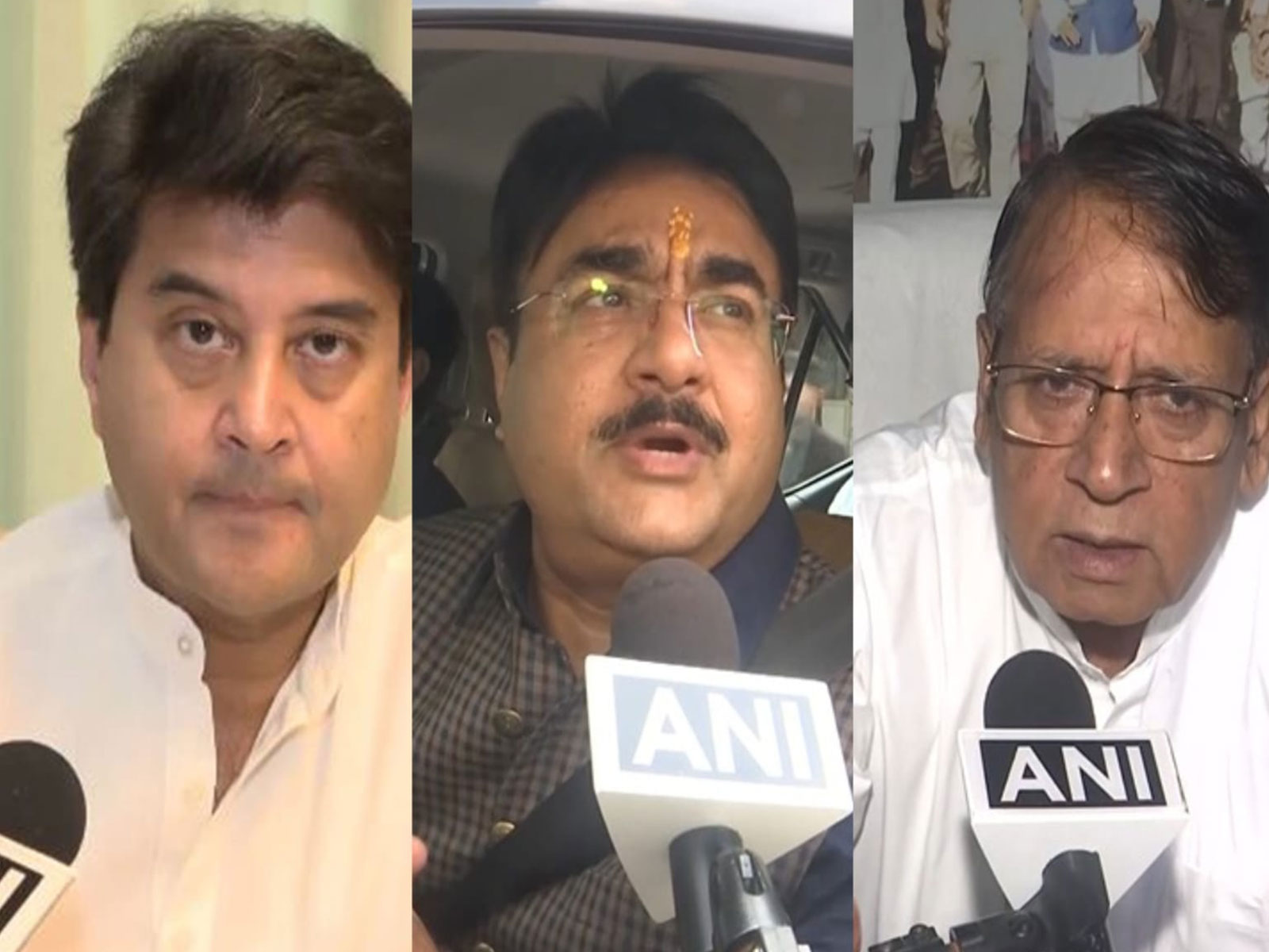 Union Minister Jyotiraditya Scindia (L), MP Minister Narendra Shivaji Patel (M) and Congress leader PC Sharma (R) (Photo/ANI)