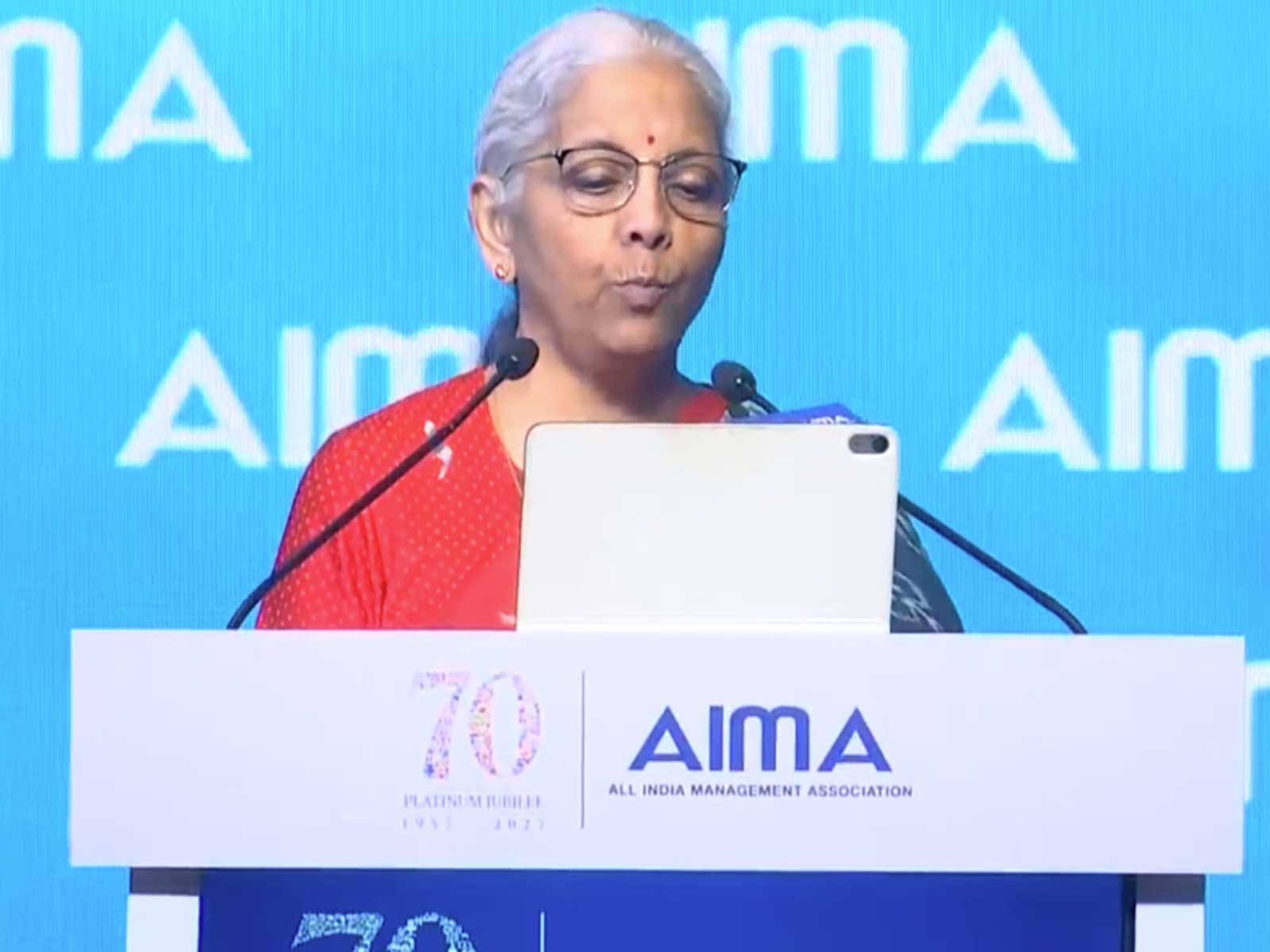 Finance Minister Nirmala Sitharaman at Platinum Jubilee National Management Convention 2026 AIMA (Photo/ANI)
