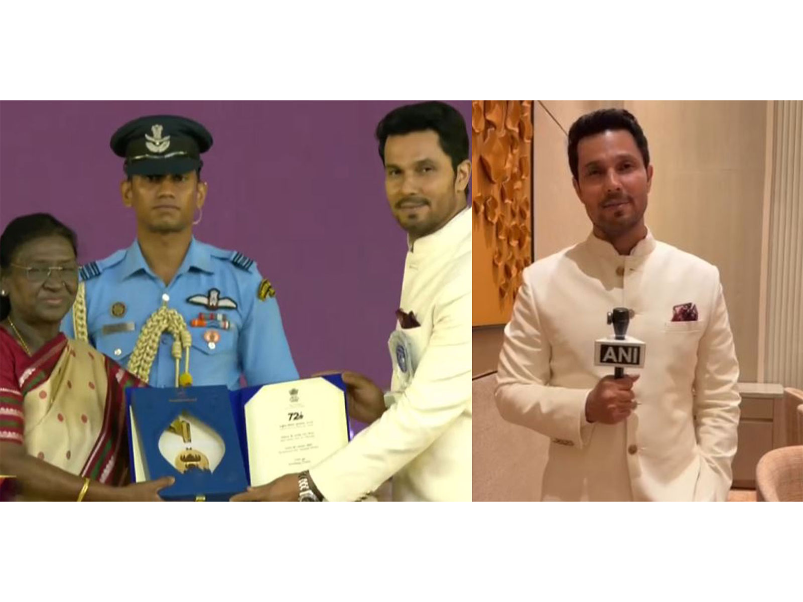 Actor Randeep Hooda recieving National Award from President Droupdadi Murmu (Photo/DD National) and Randeep Hooda (Photo/ANI)