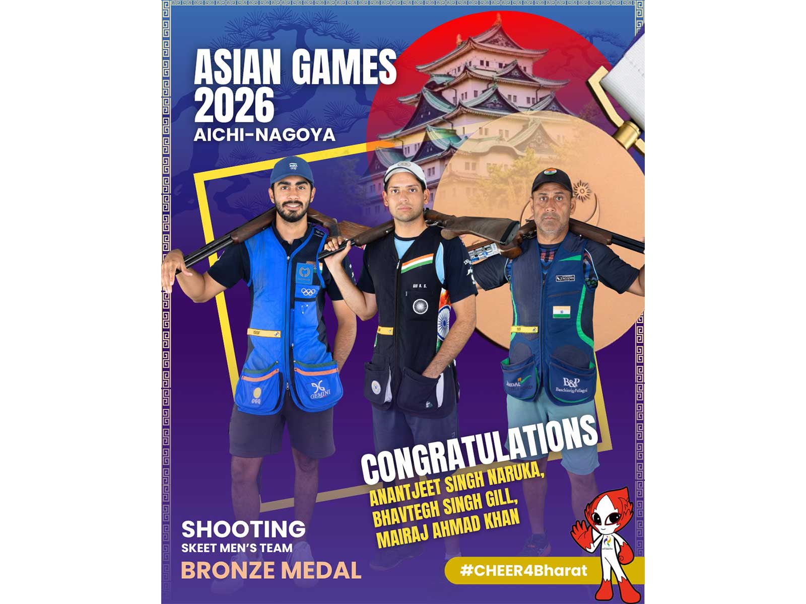 India men's skeet team won bronze medal at the Asian Games 2026. (Photo: X/ @mansukhmandviya)