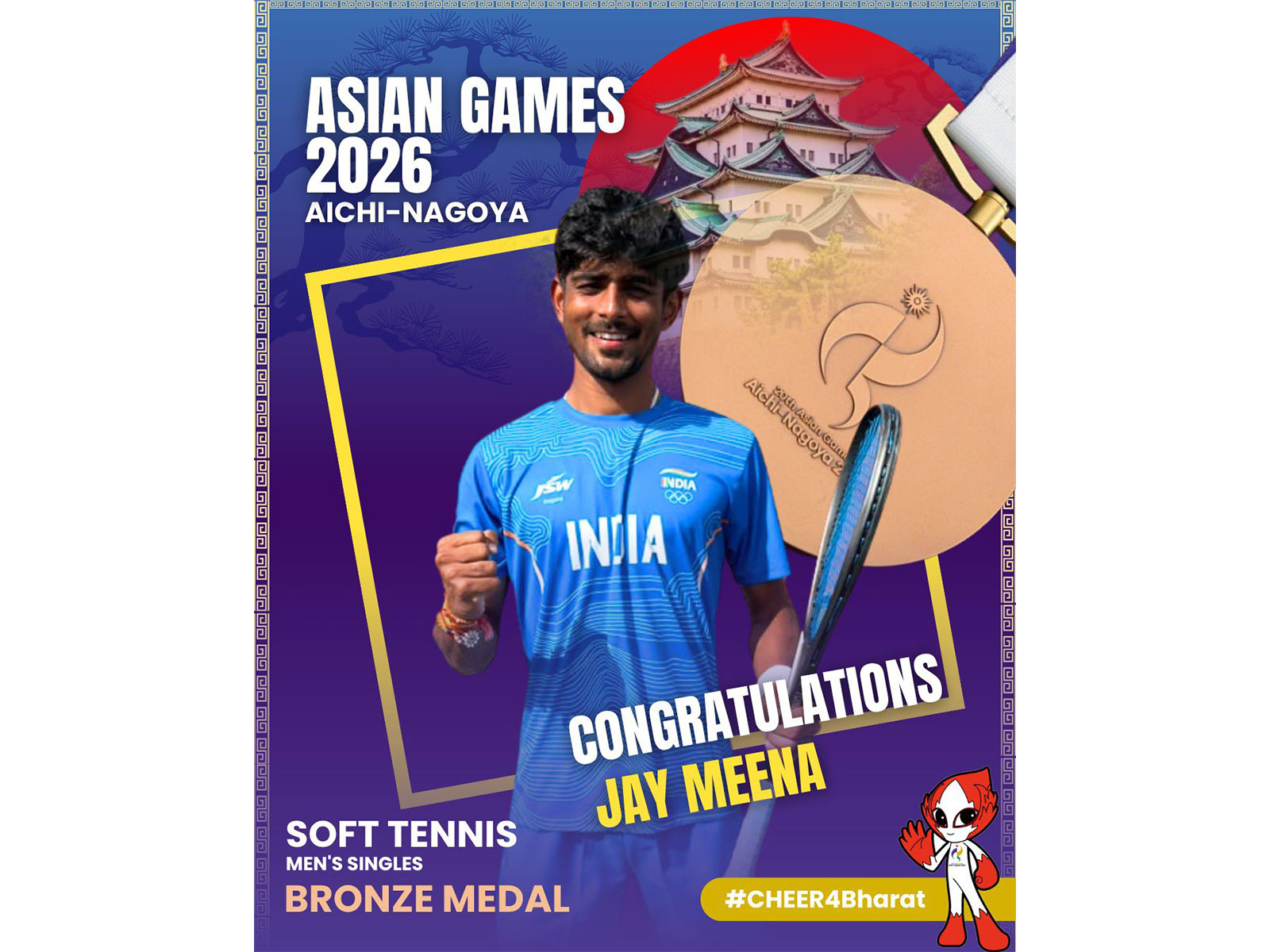 Indian soft tennis player Jay Meena secured a bronze medal in Asian Games 2026. (Photo: X/ @mansukhmandviya)