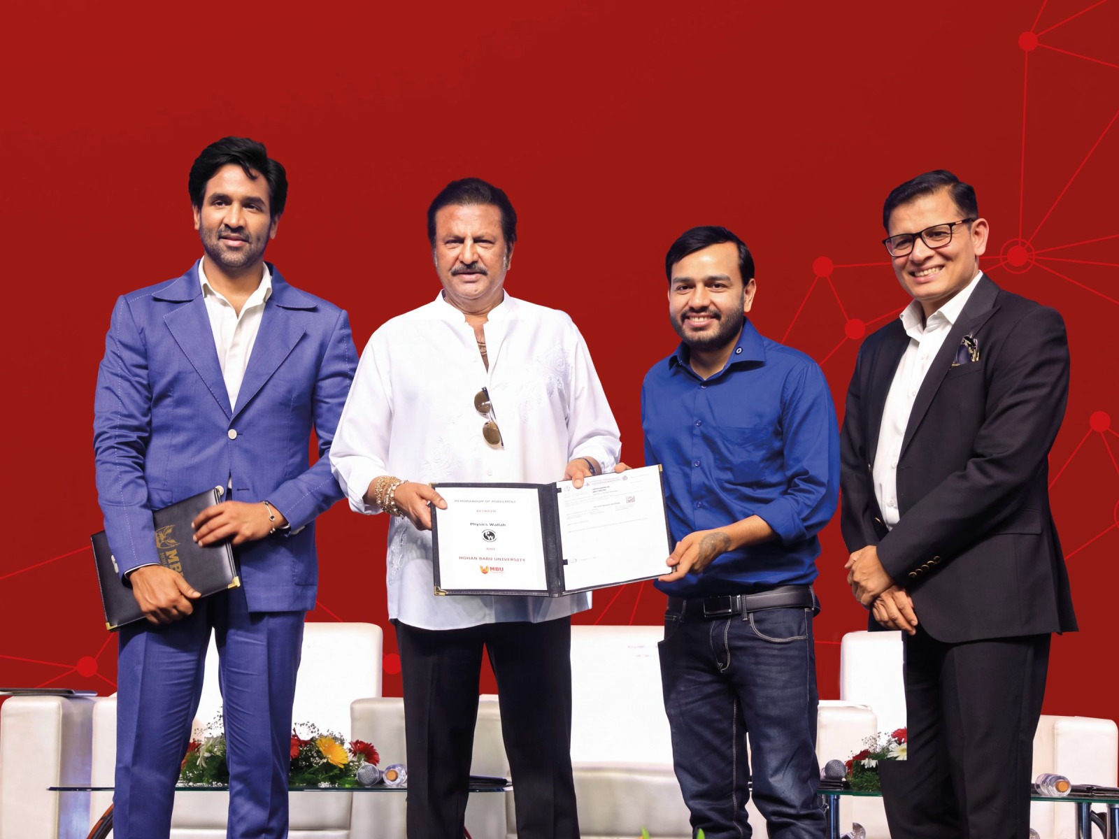 MBU Chancellor Dr. M. Mohan Babu and Physics Wallah Founder-CEO Alakh Pandey exchange MoU copies at Tirupati; Pro Chancellor Vishnu Manchu and Trustee Vinay Maheshwari were also present