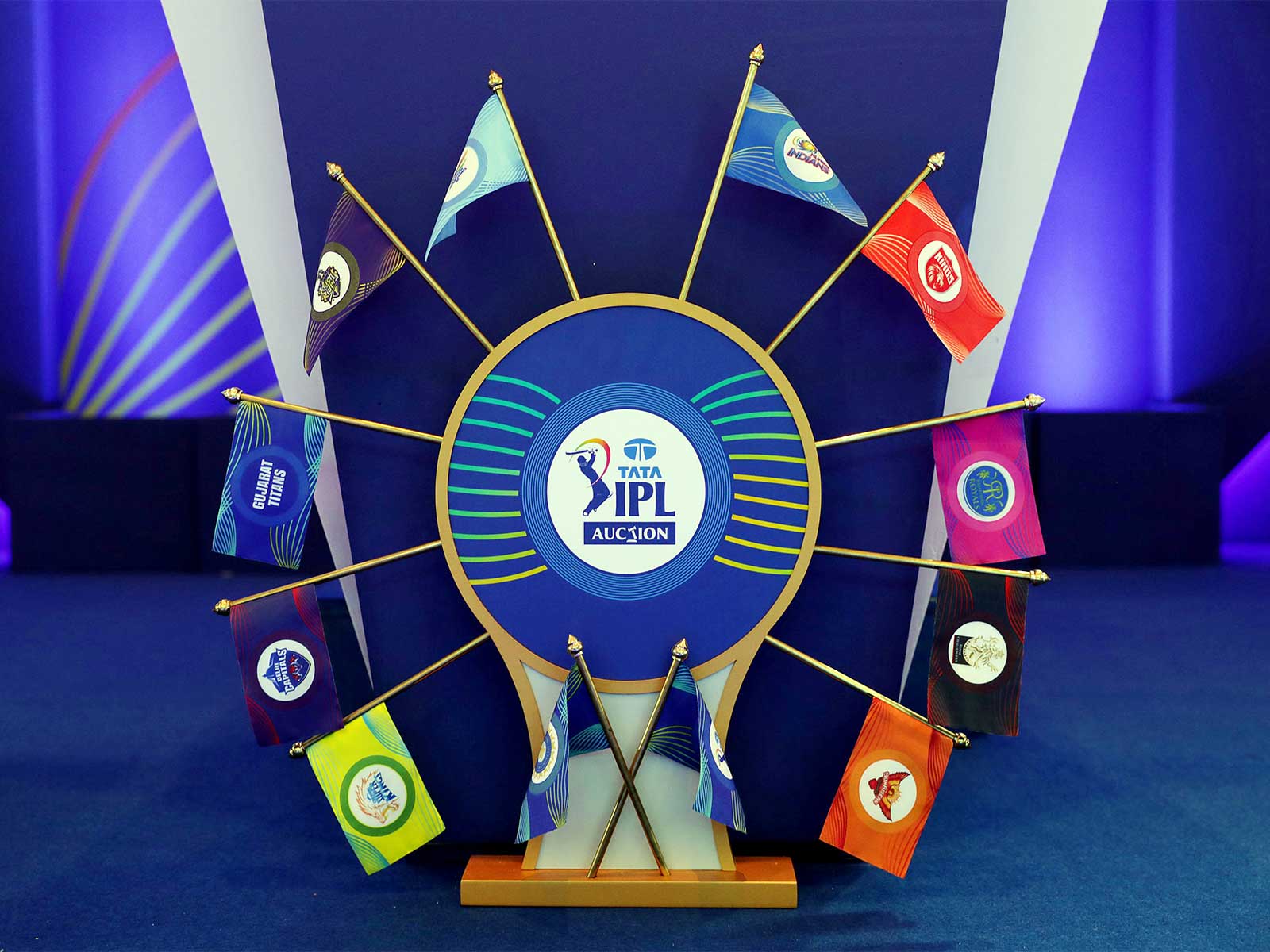 Flags representing all the teams displayed at the bidding podium during the IPL 2022 Auction. (Photo: ANI)
