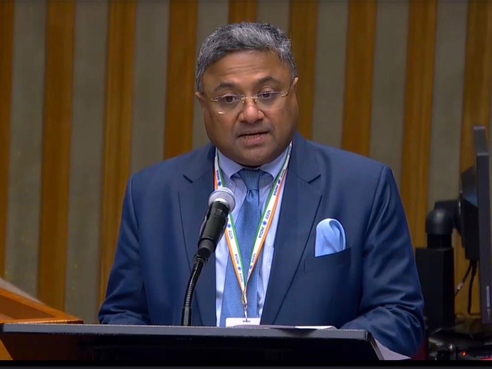 MEA Secretary (West) Sibi George delivers India’s national statement at the UN General Assembly high-level segment in New York. (Photo: X/@MEAIndia)