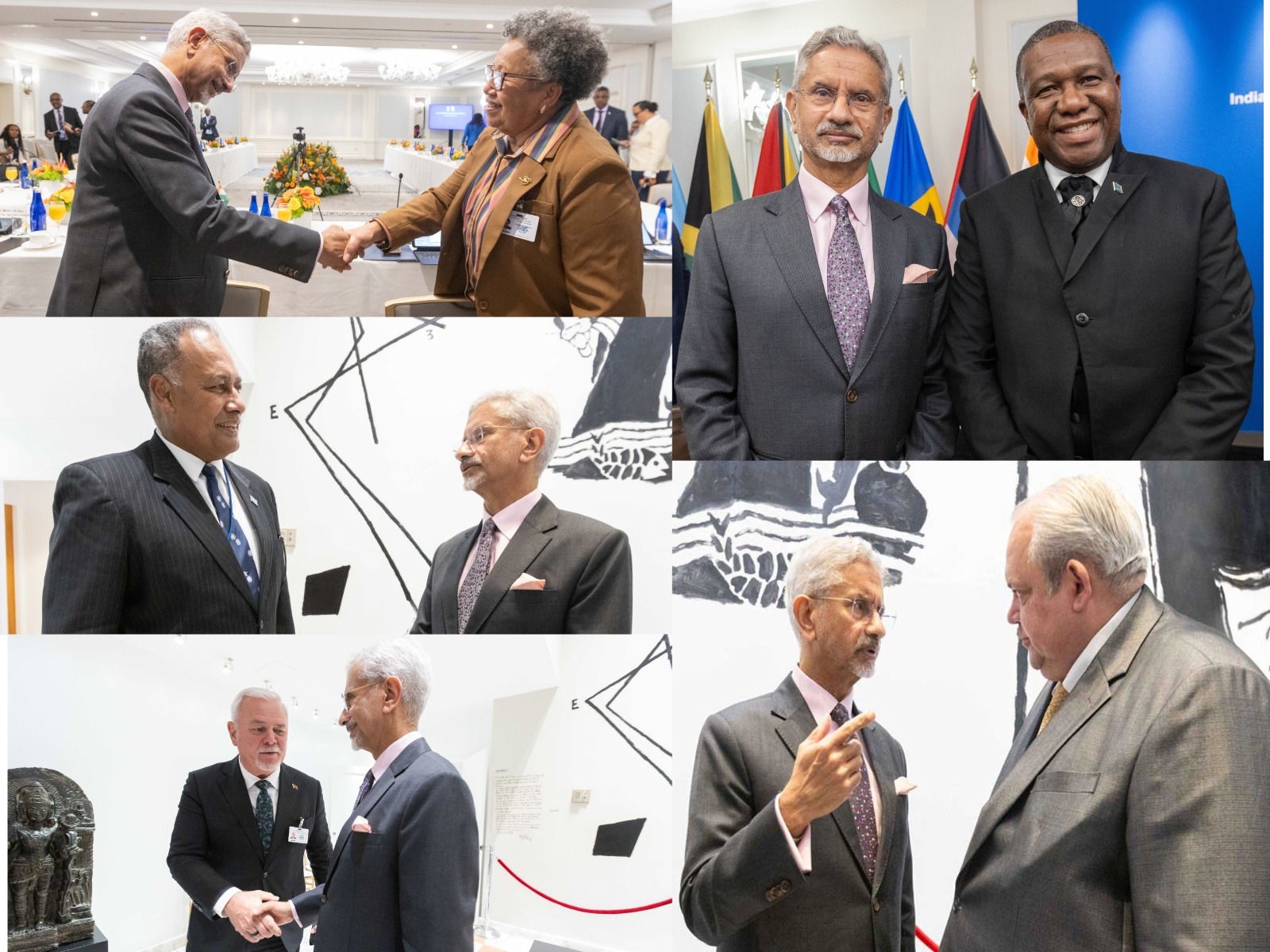 Foreign Ministers of Papua New Guinea, Fiji and Saint Lucia, Justin W Tkatchenko, Sakiasi Ditoka and Alva Romanus Baptiste, Vanuatu's Health Minister Robert Bohn and CARICOM Secretary-General Carla Barnett (Photos/X/@DrSJaishankar)