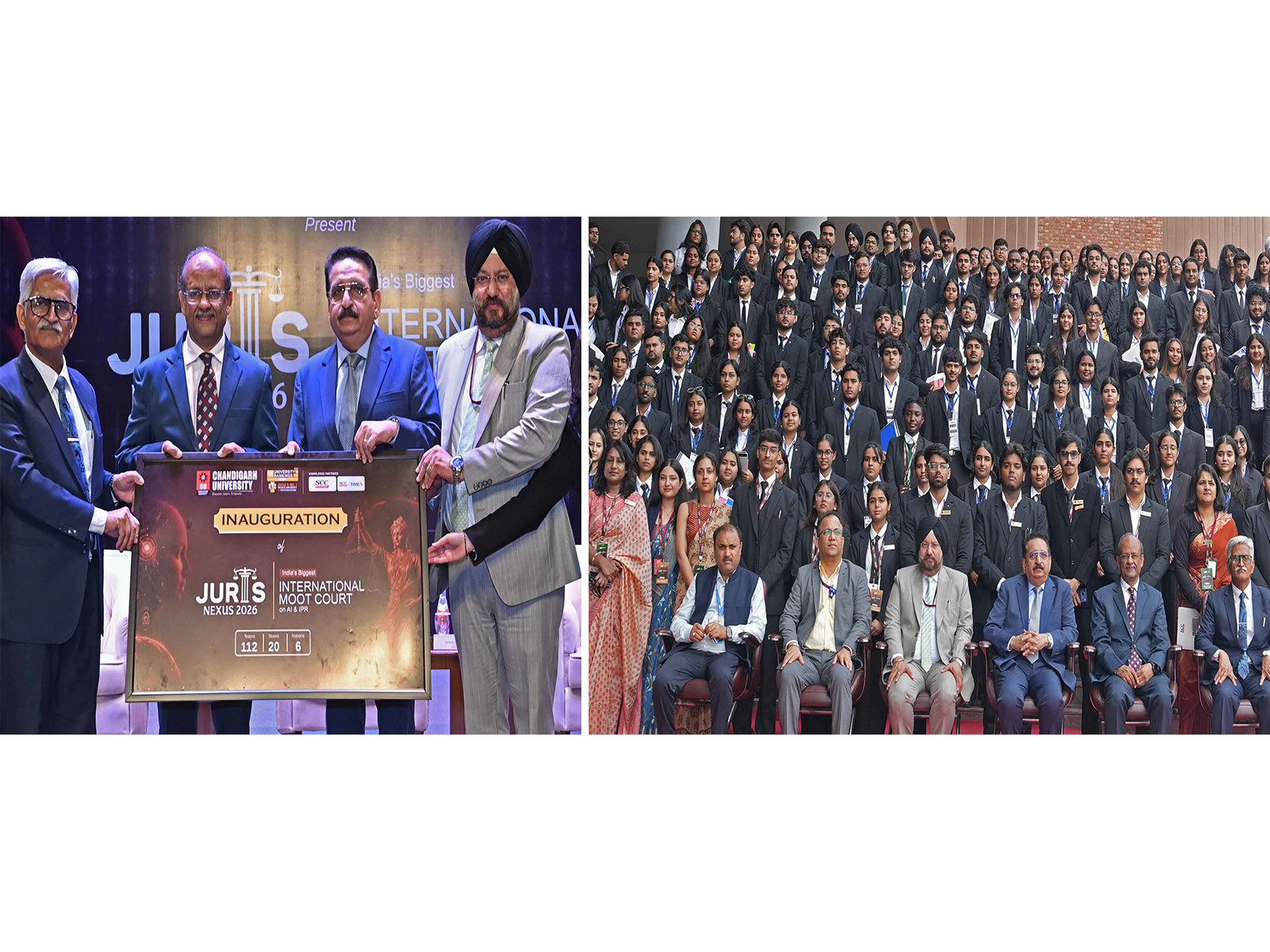 Eminent guests from legal fraternity along with Chandigarh University Vice Chancellor during the inaugural ceremony of International Moot Court 'Juris Nexus 2026' at Gharuan campus.