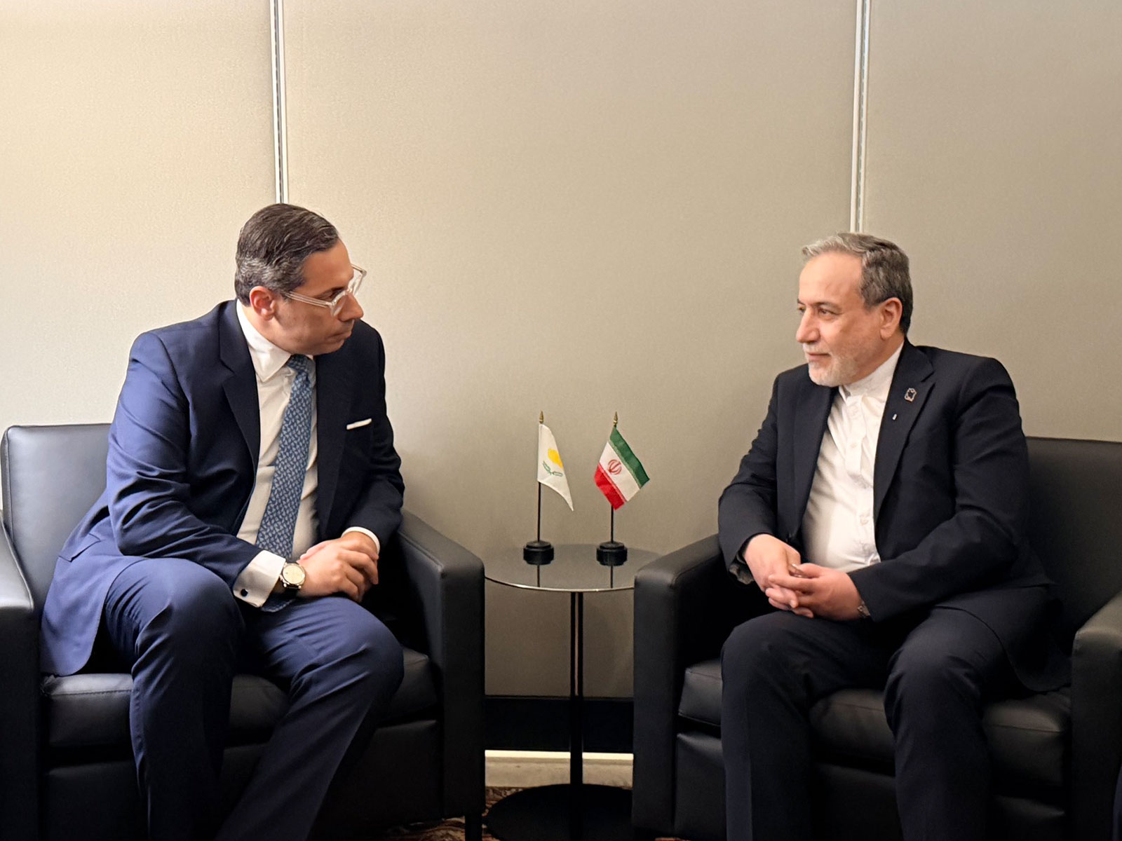 Iran Foreign Minister Syed Aragchi with Cyprus FM Constantinos Kombos (Photo/@ckombos)