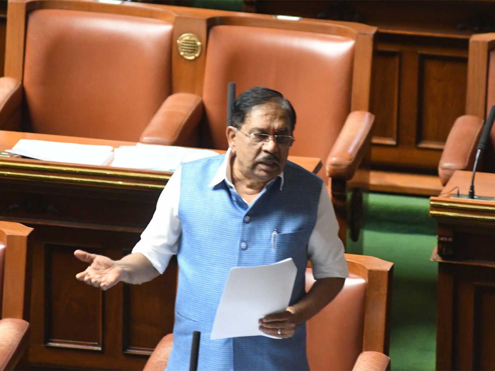 Karnataka Deputy Chief Minister G Parameshwara addresses the Legislative Assembly during a discussion on the state's financial position and drought situation in Bengaluru. (Photo: ANI)