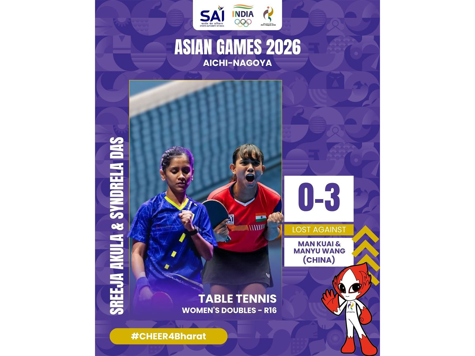 Indian table tennis pair of Sreeja Akula and Syndrela Das were beaten 0-3 by China’s Kuai Man and Wang Manyu. (Photo: X/ @Media_SAI)