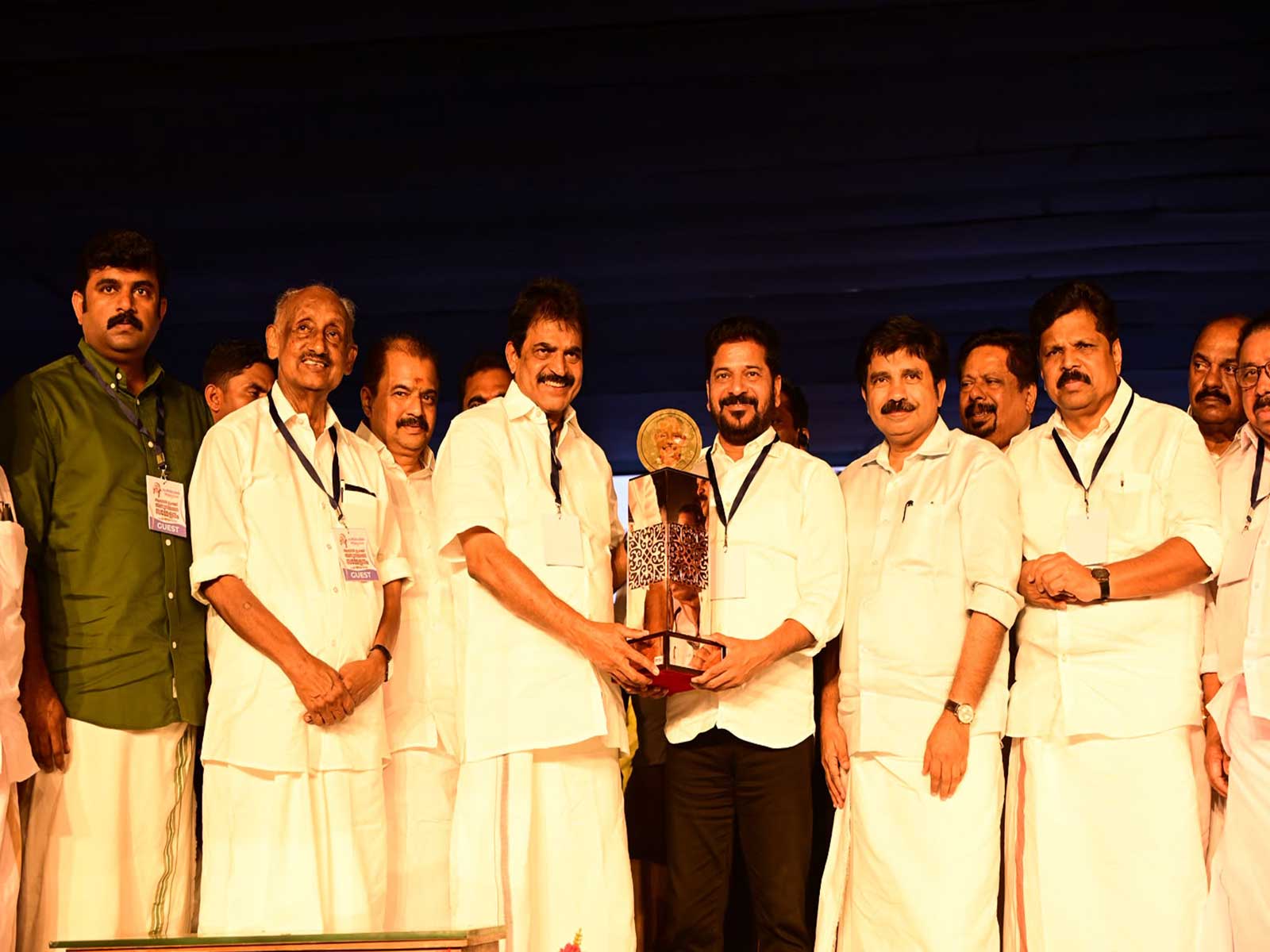 Telangana CM Revanth Reddy receives Aryadan Mohammed Award from Congress MP KC Venugopal (Photo/Telangana CMO)