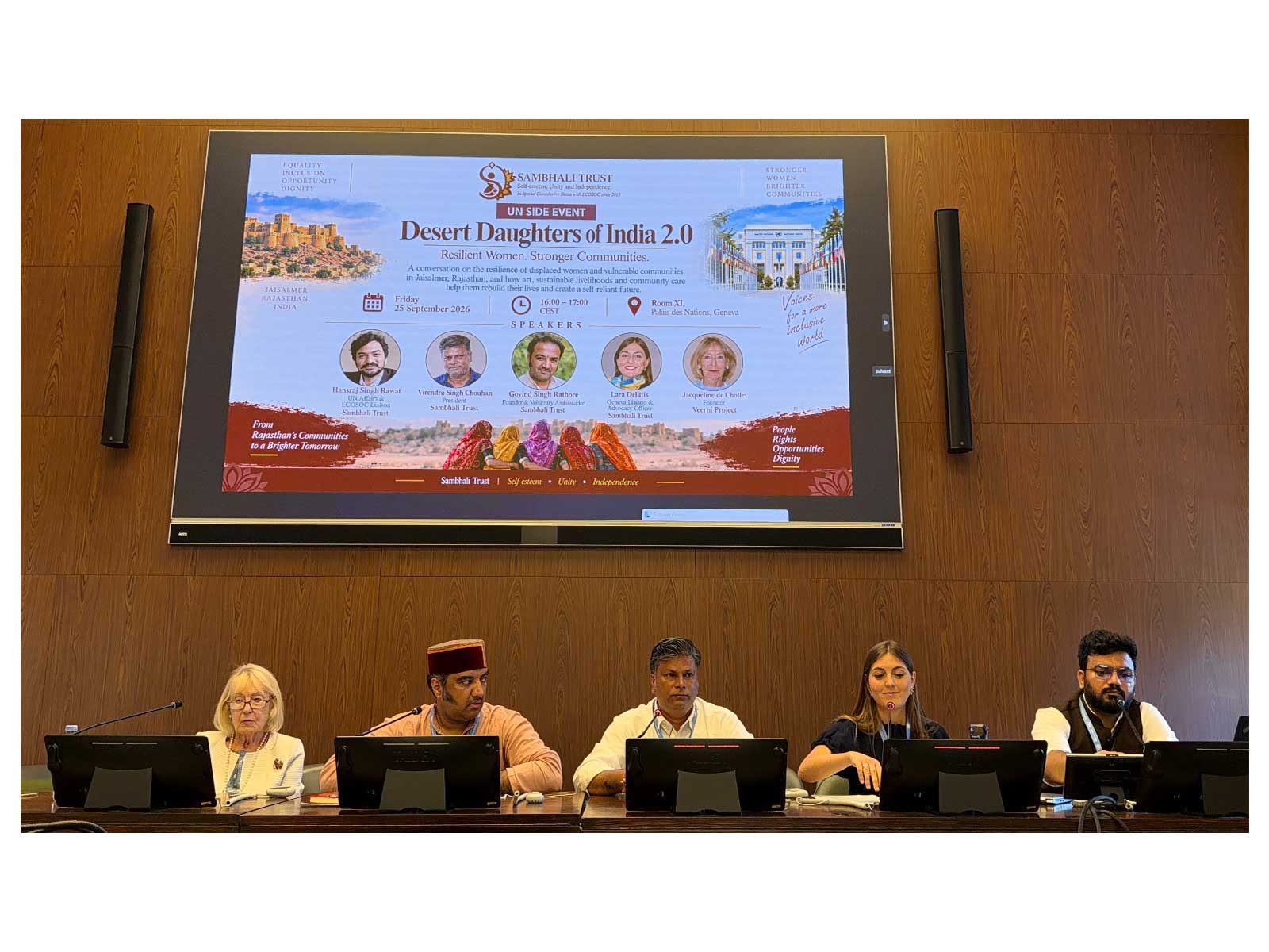 Sambhali Trust representatives participate in the “Desert Daughters of India 2.0 – Resilient Women, Stronger Communities” side event at the Palais des Nations in Geneva (Photo/ANI)