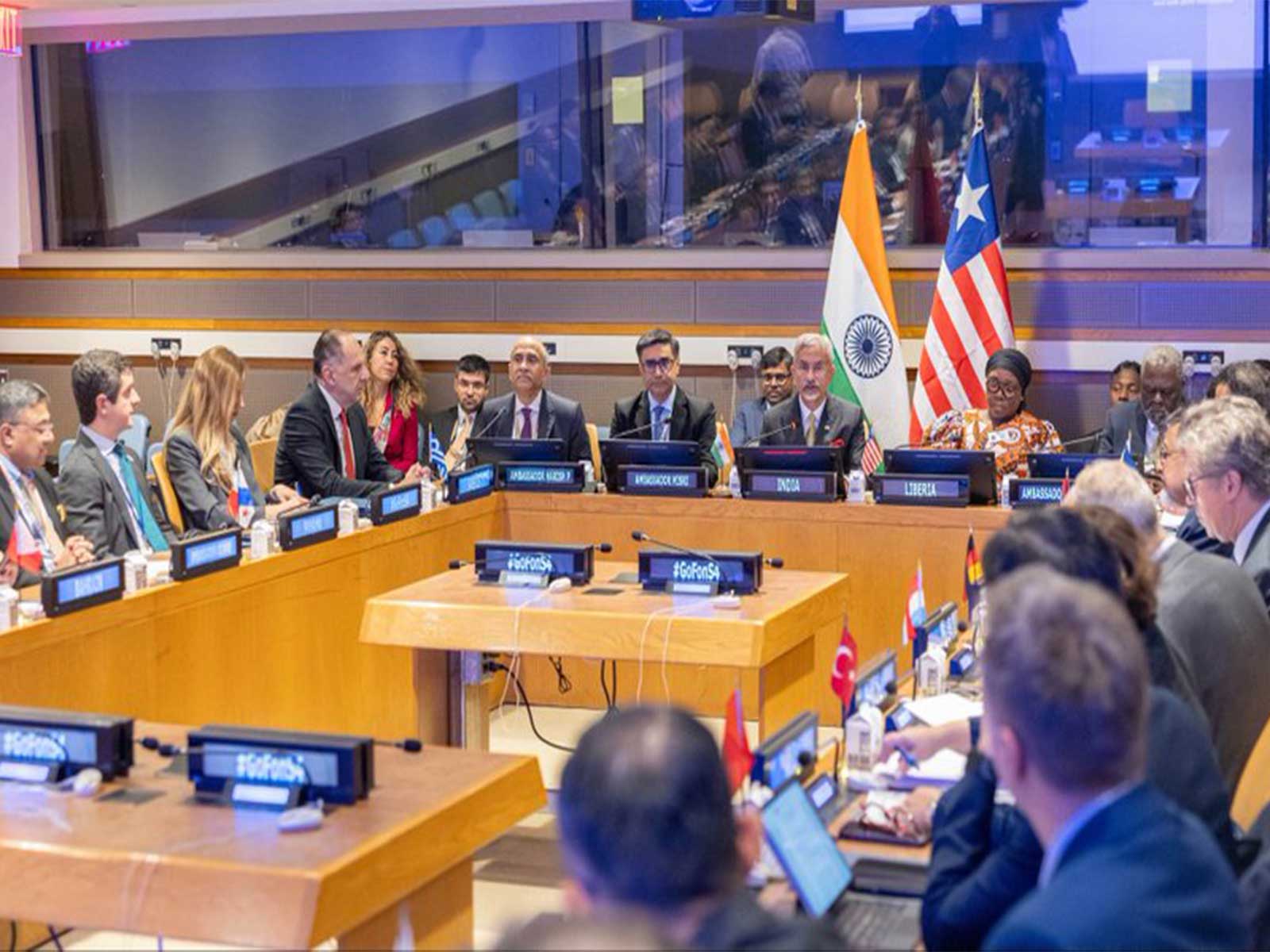 External Affairs Minister S Jaishankar and Liberian Foreign Minister Sara Beysolow Nyanti attend the launch of the Group of Friends on Safety and Security of Shipping and Seafarers at the United Nations in New York. (Photo: X/@DrSJaishankar)