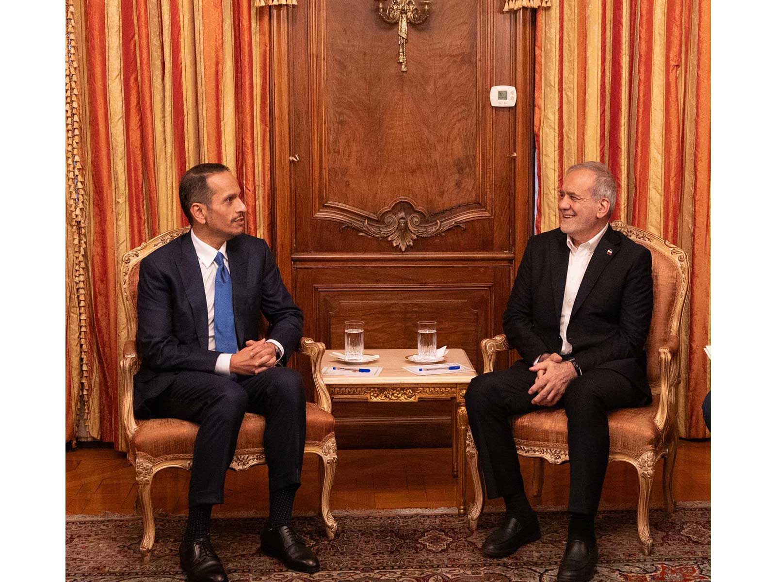 Qatari Prime Minister Mohammed bin Abdulrahman bin Jassim Al-Thani meets Iranian President Masoud Pezeshkian (Photo/X/@MofaQatar_EN)