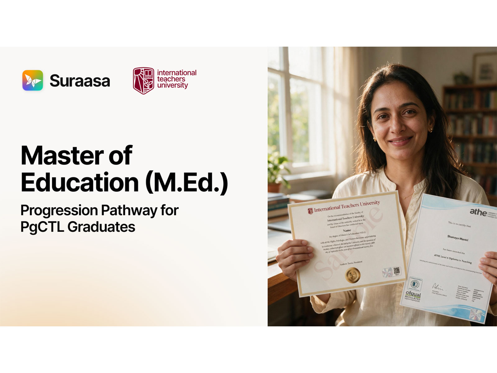Suraasa PgCTL graduates can now progress to a Master's in Education from International Teachers University, Washington D.C., with up to 15 credits recognized.