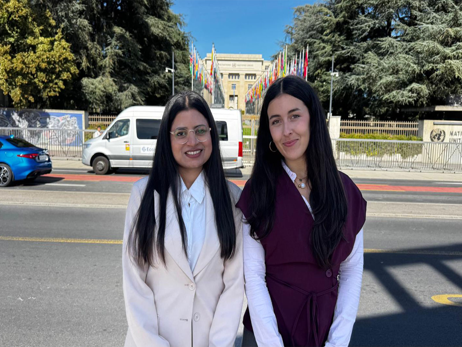 Human rights activists Alejandra Martinez Otero and Dr Shagufta Kandhro in front of the UN Human Rights Council in Geneva (Photo/ANI)