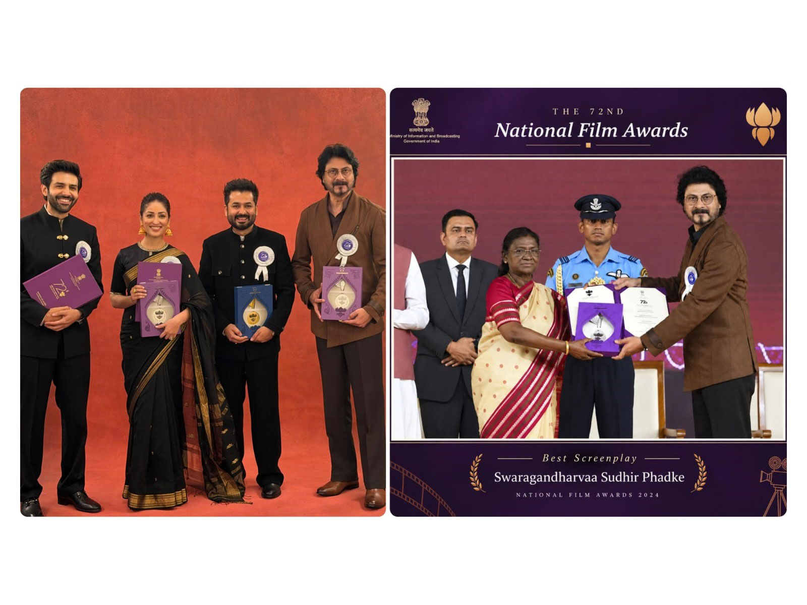 Yogesh Deshpande receives the National Film Award for Best Screenplay (Adapted) for Swargandharva Sudhir Phadke at the 72nd National Film Awards ceremony