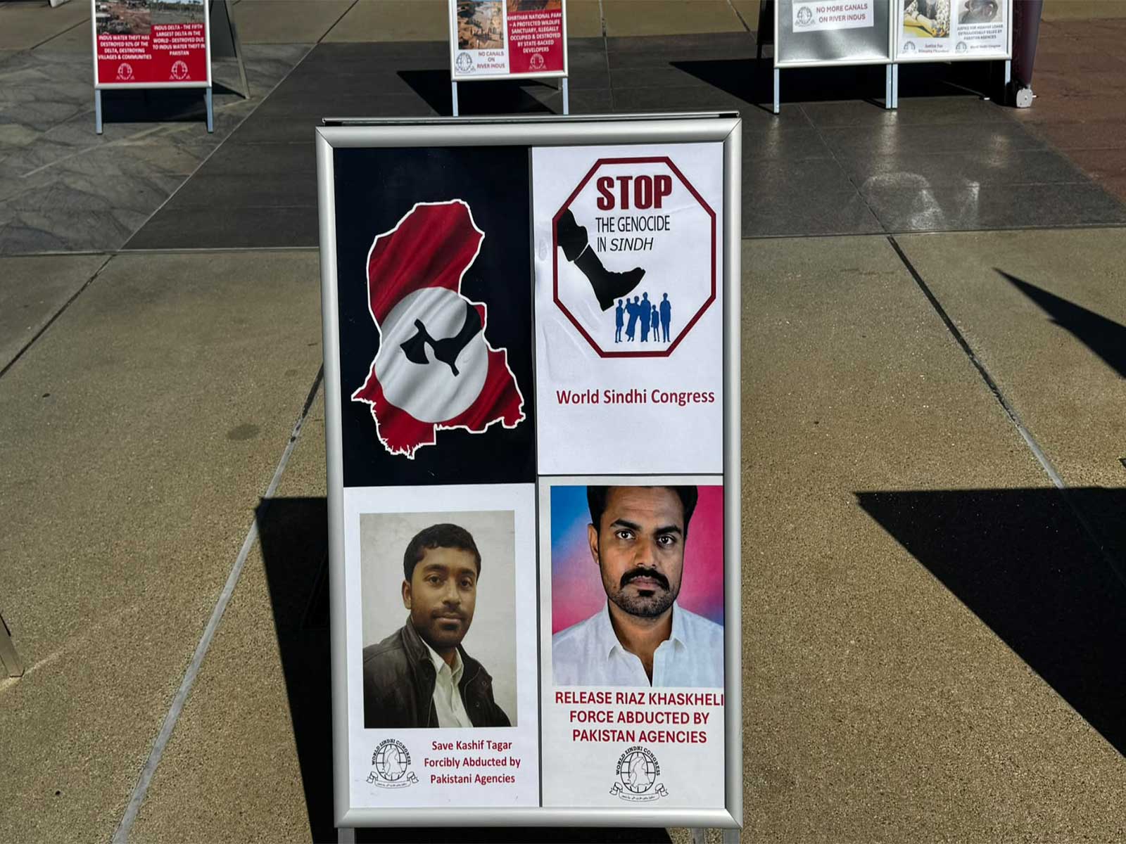 Posters displayed during the World Sindhi Congress exhibition in Geneva highlight human rights violations, including cases of enforced disappearances. (Image Source: World Sindhi Congress)