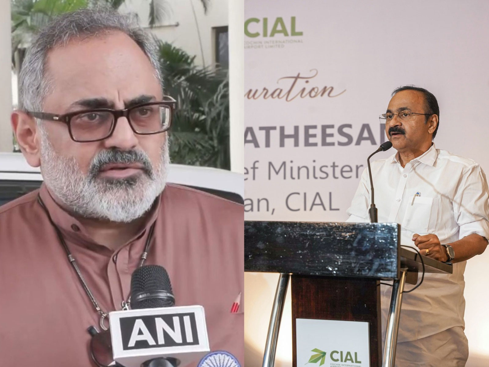 Keralam Bharatiya Janata Party (BJP) president Rajeev Chandrasekhar and Keralam Chief Minister VD Satheesan (Photo/ANI)