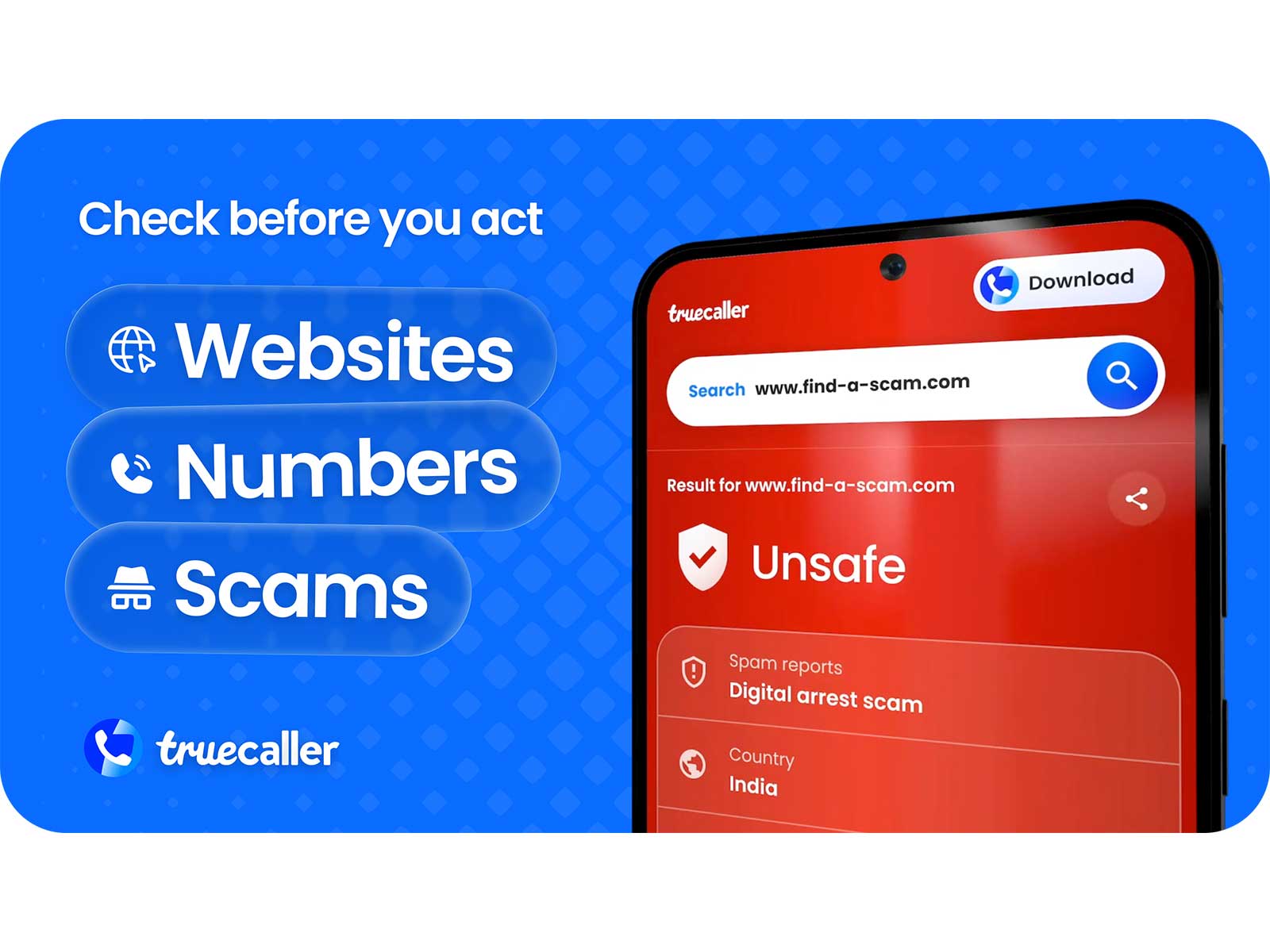 Truecaller Scam Checker on the web and Truecaller Android app lets anyone check a suspicious link, number, or message in seconds