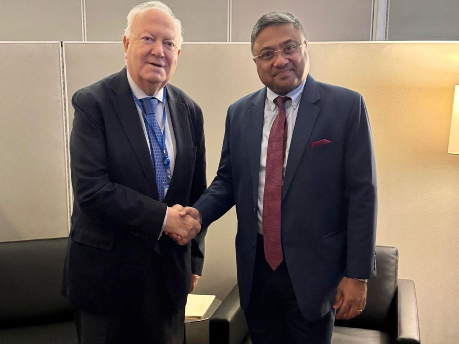 Ministry of External Affairs Secretary (West) Sibi George meets United Nations Alliance of Civilizations (UNAOC) High Representative Miguel Moratinos (On Left) (Photo/X/@MEAIndia)