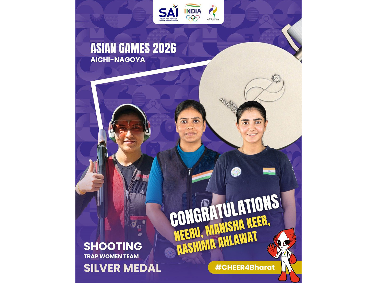 India women's trap team won silver medal at Asian Games 2026. (Photo: X/ @Media_SAI)