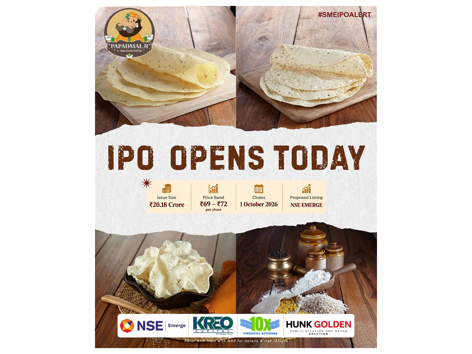 Backed by seasoned investors, Papadmalji Agro Foods Limited’s ₹20.18 crore SME IPO opens today; price band set at ₹69–72 per share