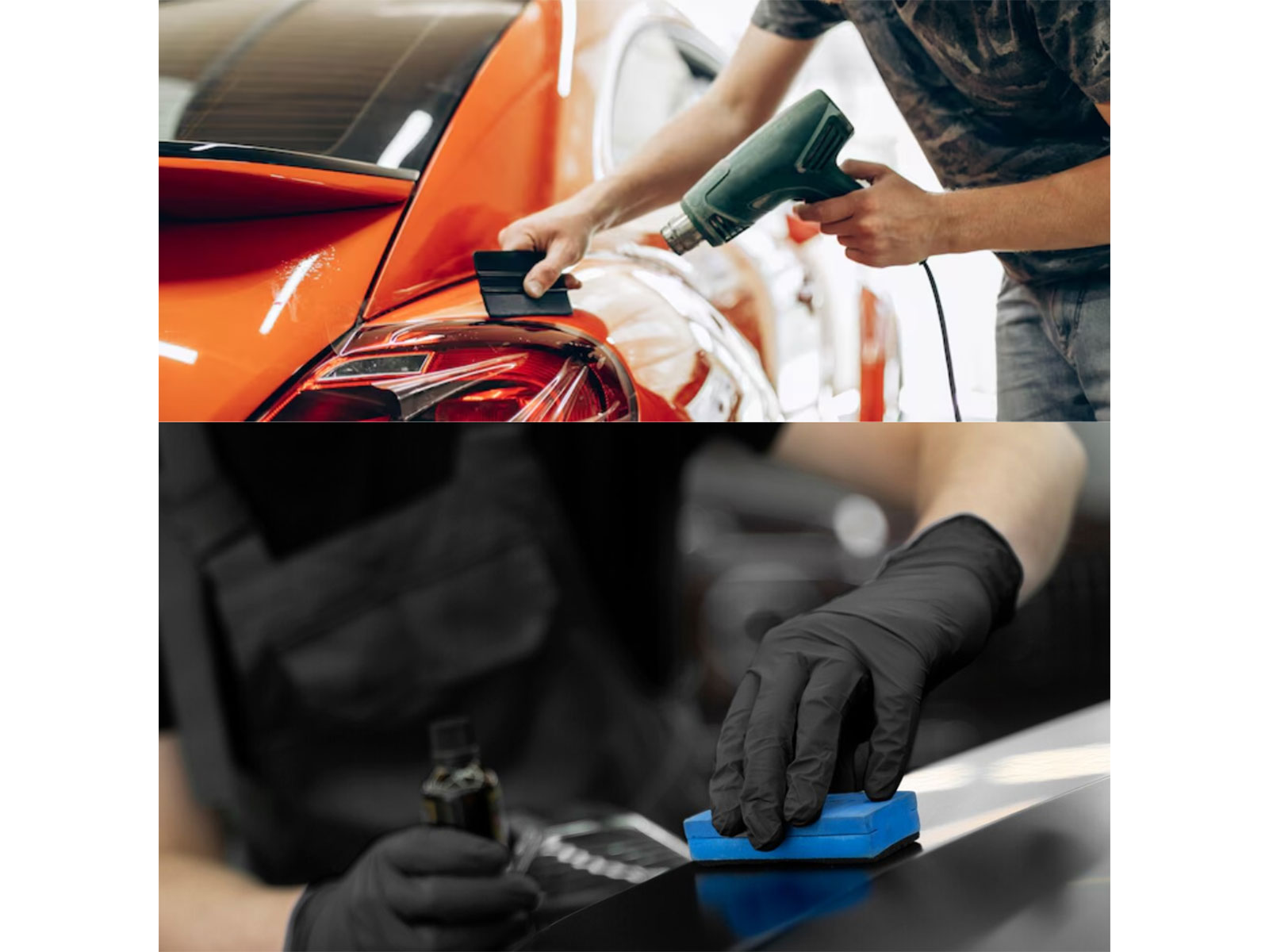A two-panel collage showing PPF installation and car ceramic coating