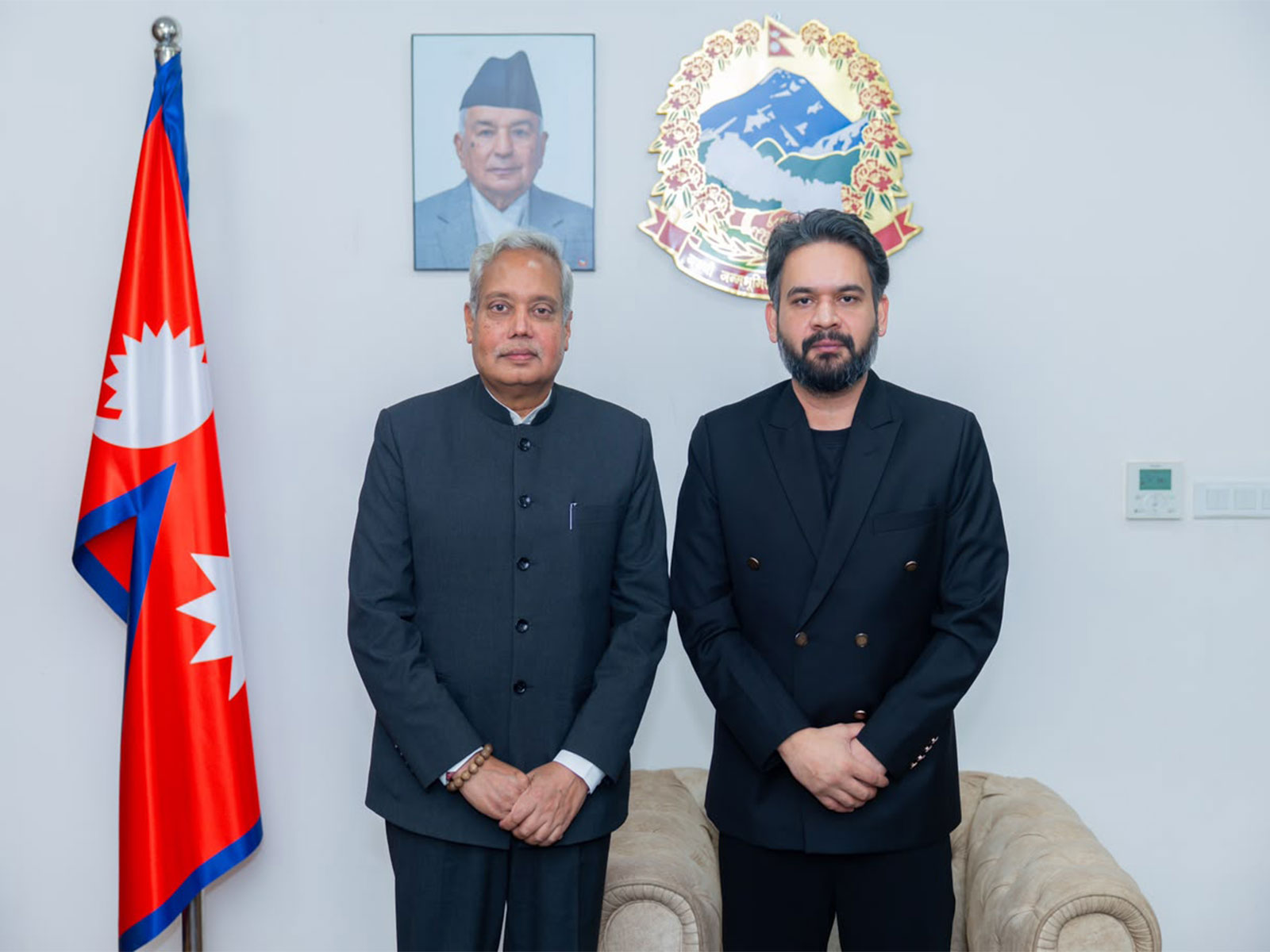 Indian Ambassador to Nepal Naveen Srivastava (Left) makes farewell call on Nepal Prime Minister Balendra Shah (Photo/Nepal PMO)