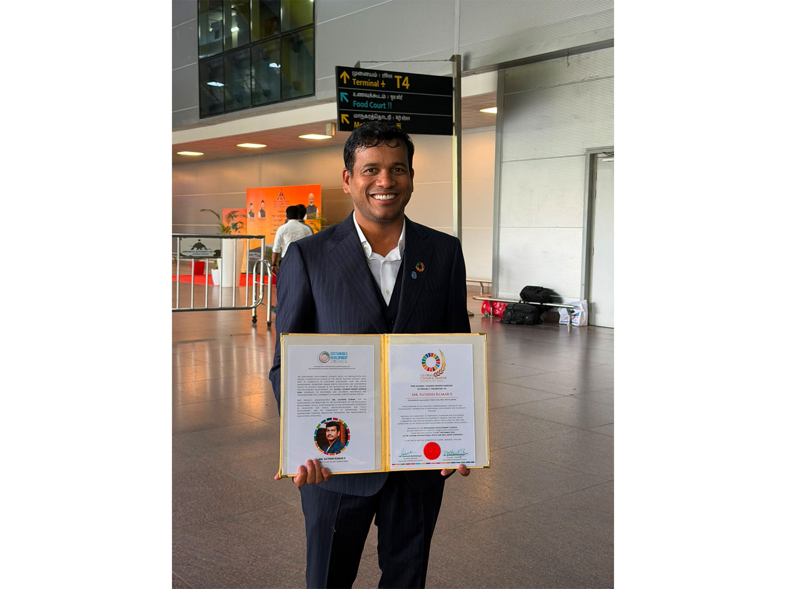 DAC Developers Founder and MD S. Sathish Kumar poses with the “Global Change Maker Award 2026” presented by UNESCO at the UN Asia-Pacific Headquarters