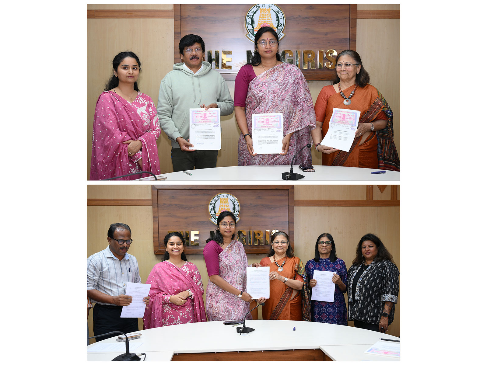 Signing of MoUs for Pain-Free Nilgiris and waste management by Tmt. Lakshmi Bhavya Tanneeru, I.A.S., District Collector, Nilgiris, and Kalpana Kar, Managing Trustee, Microland Foundation.