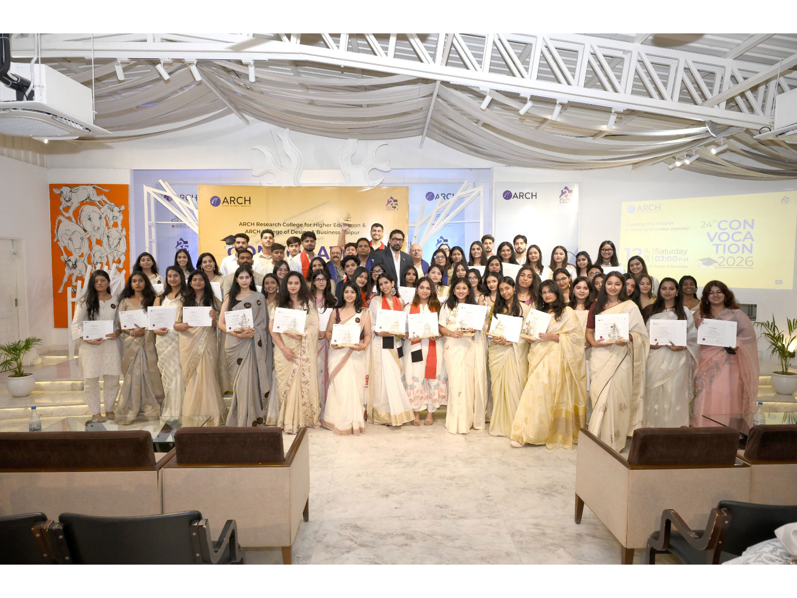 Graduating students with distinguished guests and Ms. Archana Surana, Director, ARCH College of Design & Business, during the 24th Convocation Ceremony in Jaipur