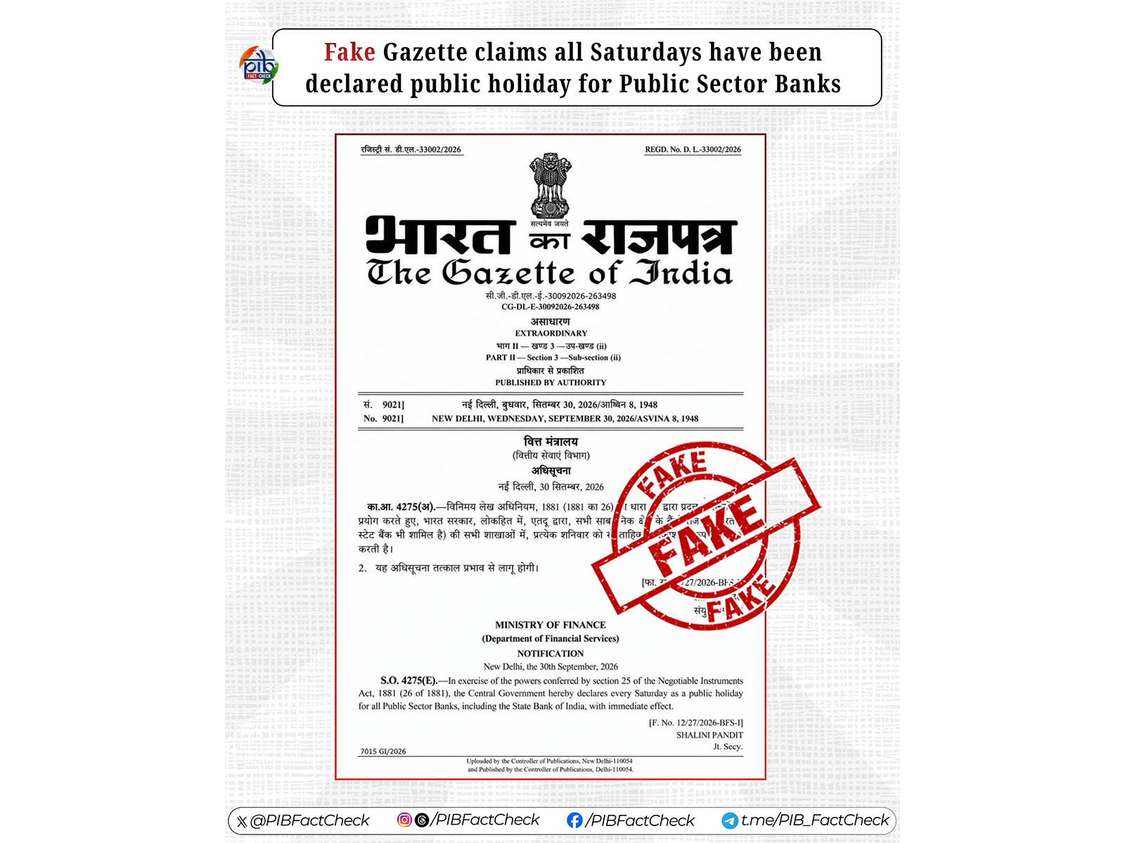 PIB says the Gazette on all Saturdays being bank holidays is fake (Photo/X@PIBFactCheck)