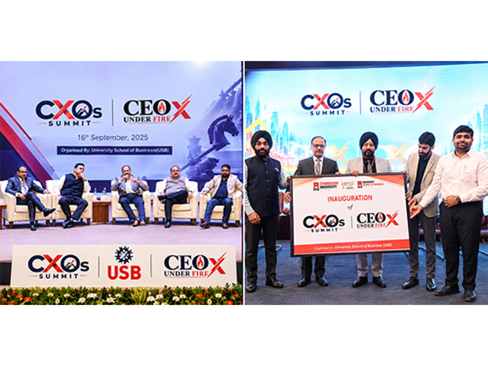 Chandigarh University management during the launch of CEO Under Fire X; Industry leaders from different sectors sharing valuable insights with students.
