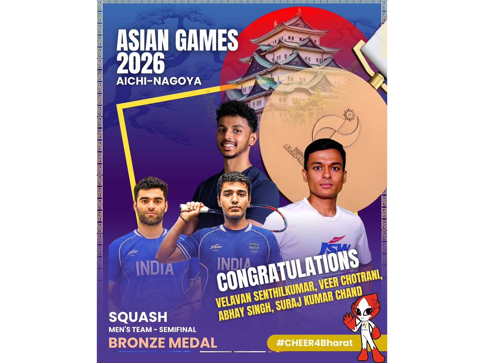 India men's squash team won bronze at Asian Games 2026 (Photo: X/ @mansukhmandviya)