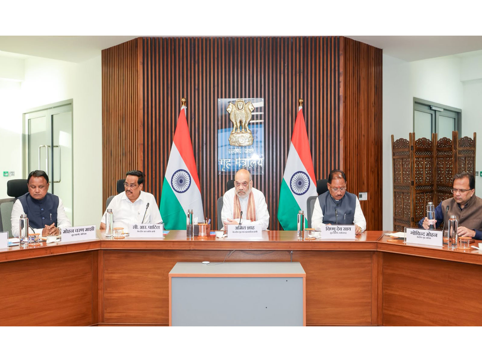 Union Home Minister Amit Shah along with Union Jal Shakti Minister CR Patil, Chhattisgarh CM Vishnu Deo Sai and Odisha CM Mohan Charan Majhi (Photo/Release)