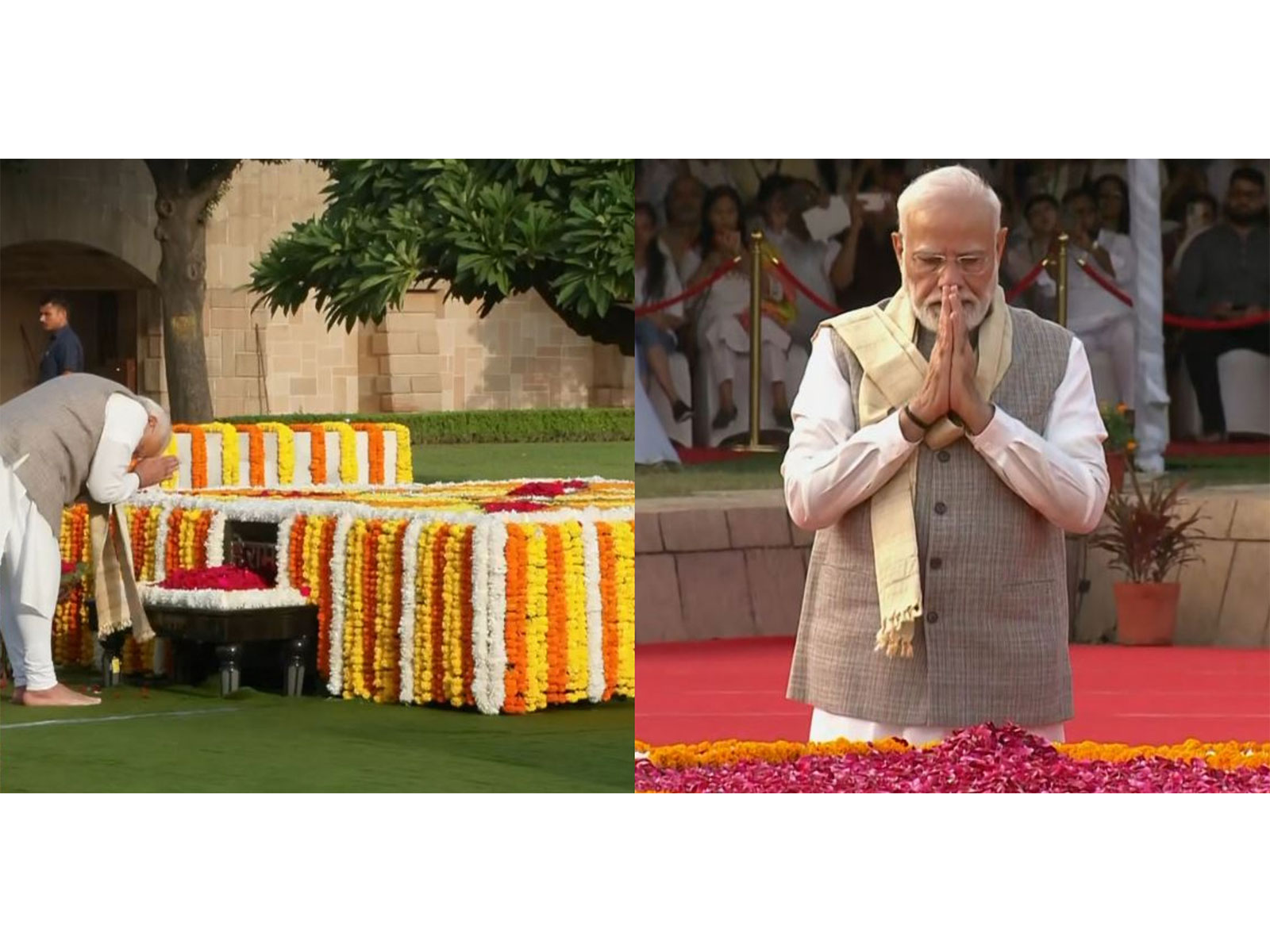 PM Modi pays tribute to Mahatma Gandhi at Rajghat, former PM Lal Bahadur Shastri at Vijay Ghat on birth anniversaries (Photo/ANI)