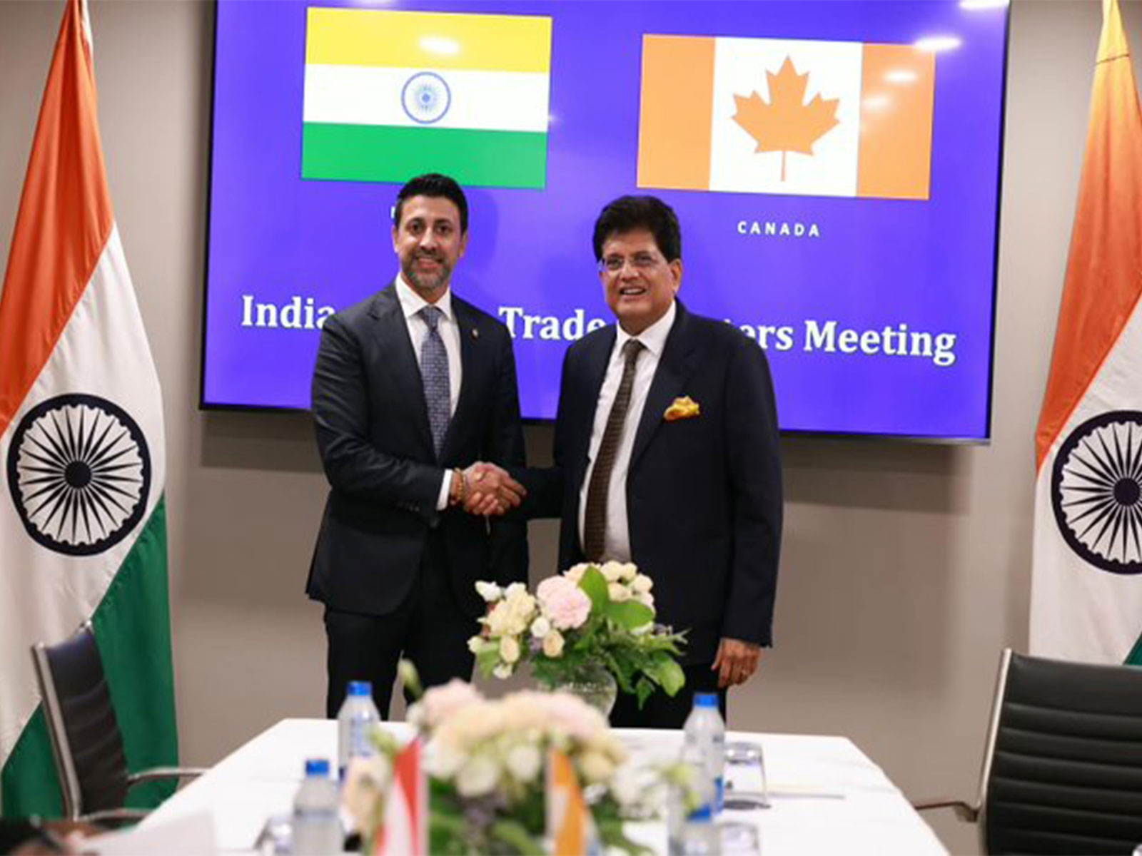 Commerce and Industry Minister Piyush Goyal meets Canadian International Trade Minister Maninder Sidhu on the sidelines of the G20 Trade Ministers' Meeting in Milwaukee. (Photo: X/@PiyushGoyal)