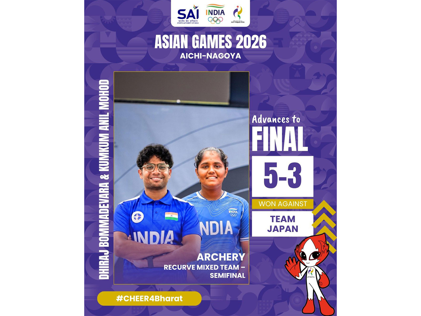 Indian archers Dhiraj Bommadevara and Kumkum Mohod. (Photo: X/ @Media_SAI)