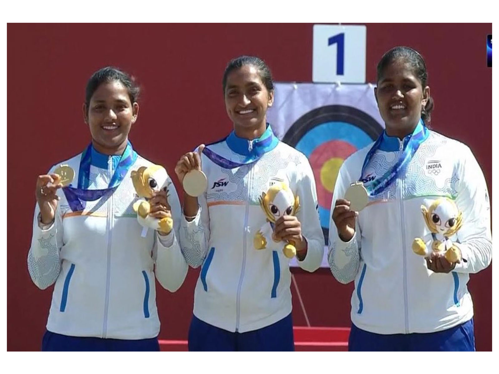 India's women's recurve archers with historic gold. (Photo: @AshwiniVaishnaw X)