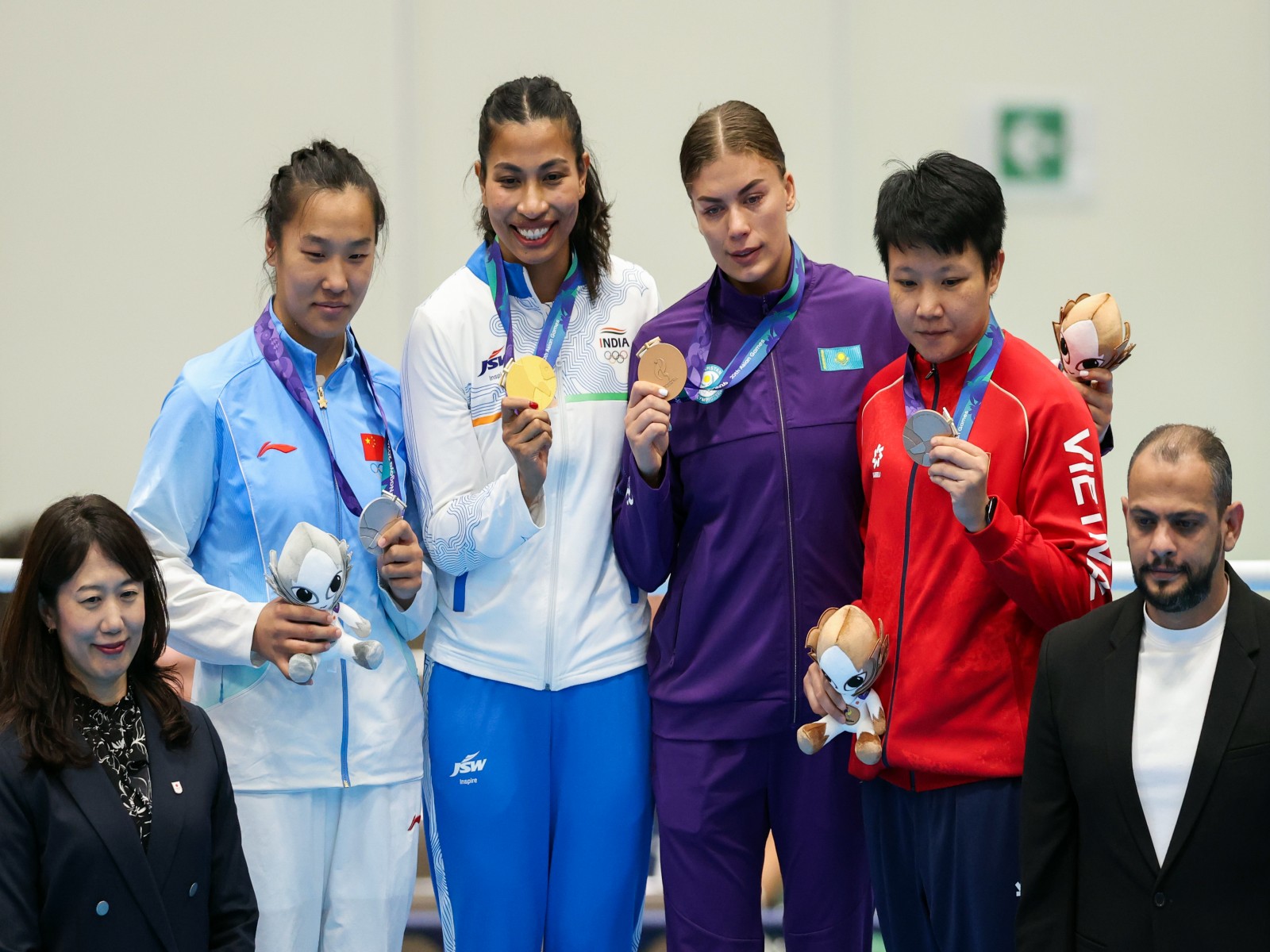 Lovlina standing at the top of boxing medal podium. (Photo: ANI)