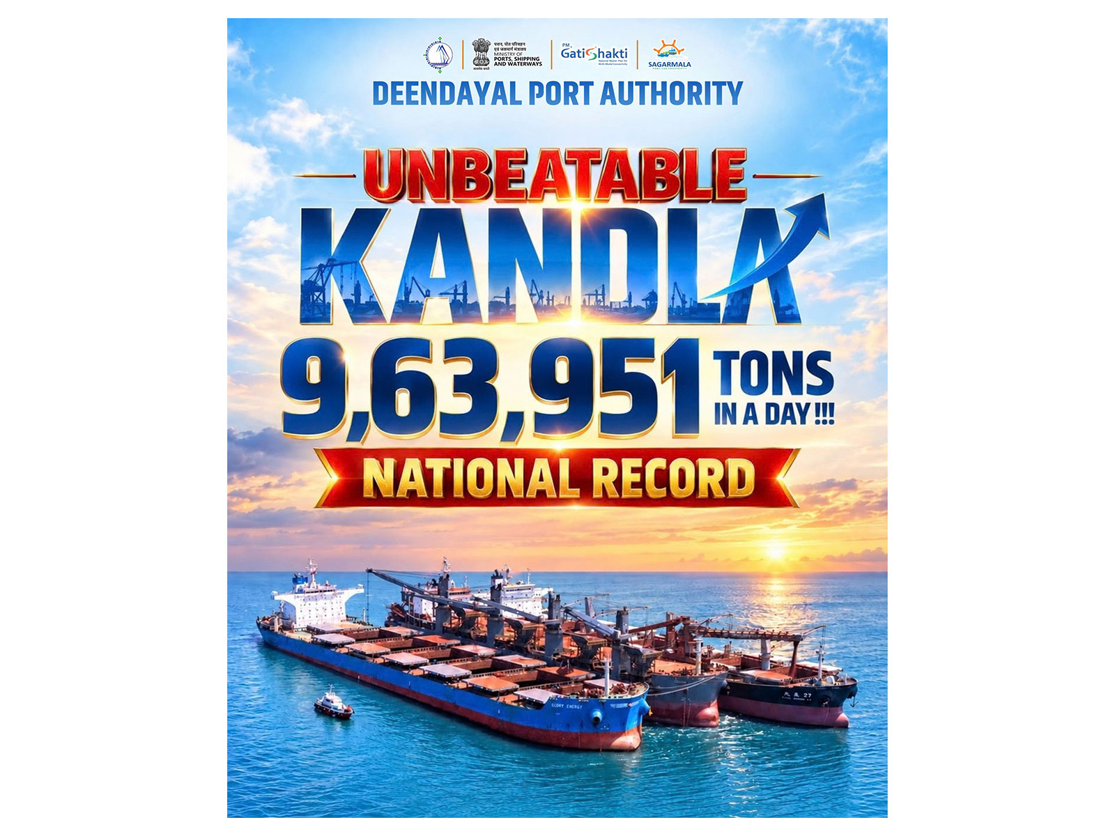 DPA Kandla sets new national record with 9.63 lakh MT cargo handling in a day (Photo: x/@Deendayal_Port)