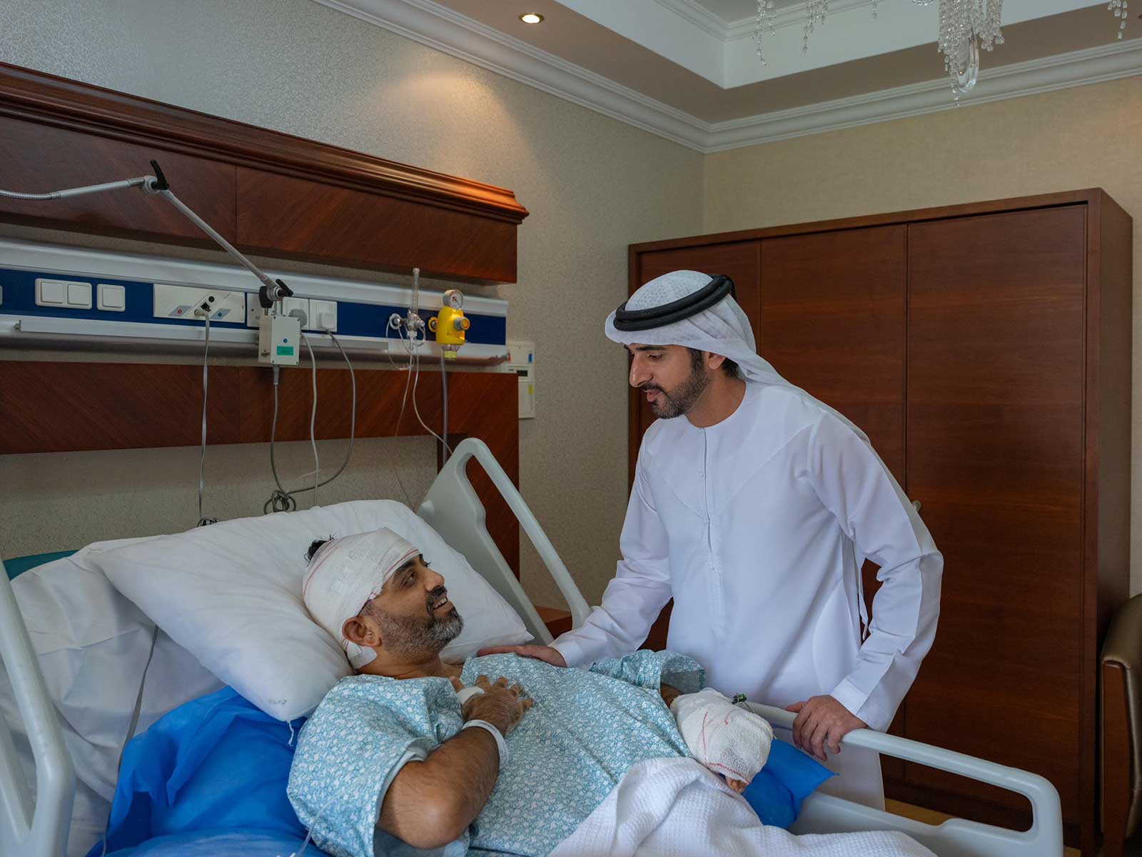 UAE Deputy Prime Minister Hamdan bin Mohammed meets Capt Machchhar in hospital (Photo/X/@HamdanMohammed)