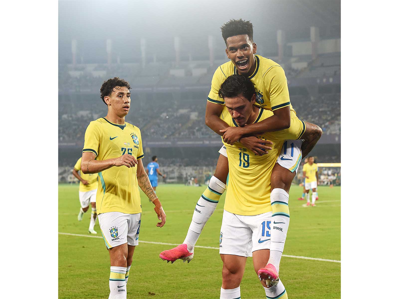 Brazil players celebrating during the match. (Photo: ANI)