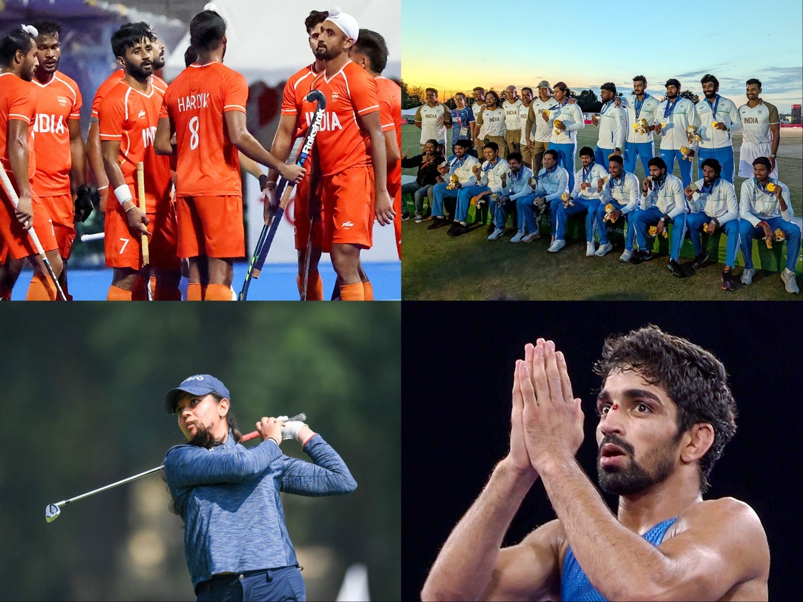 Indian Hockey team, Indian Cricket team, Golfer Pranavi Urs and Indian wrestler Aman Sehrawat. (Photo/ANI,IGPL)
